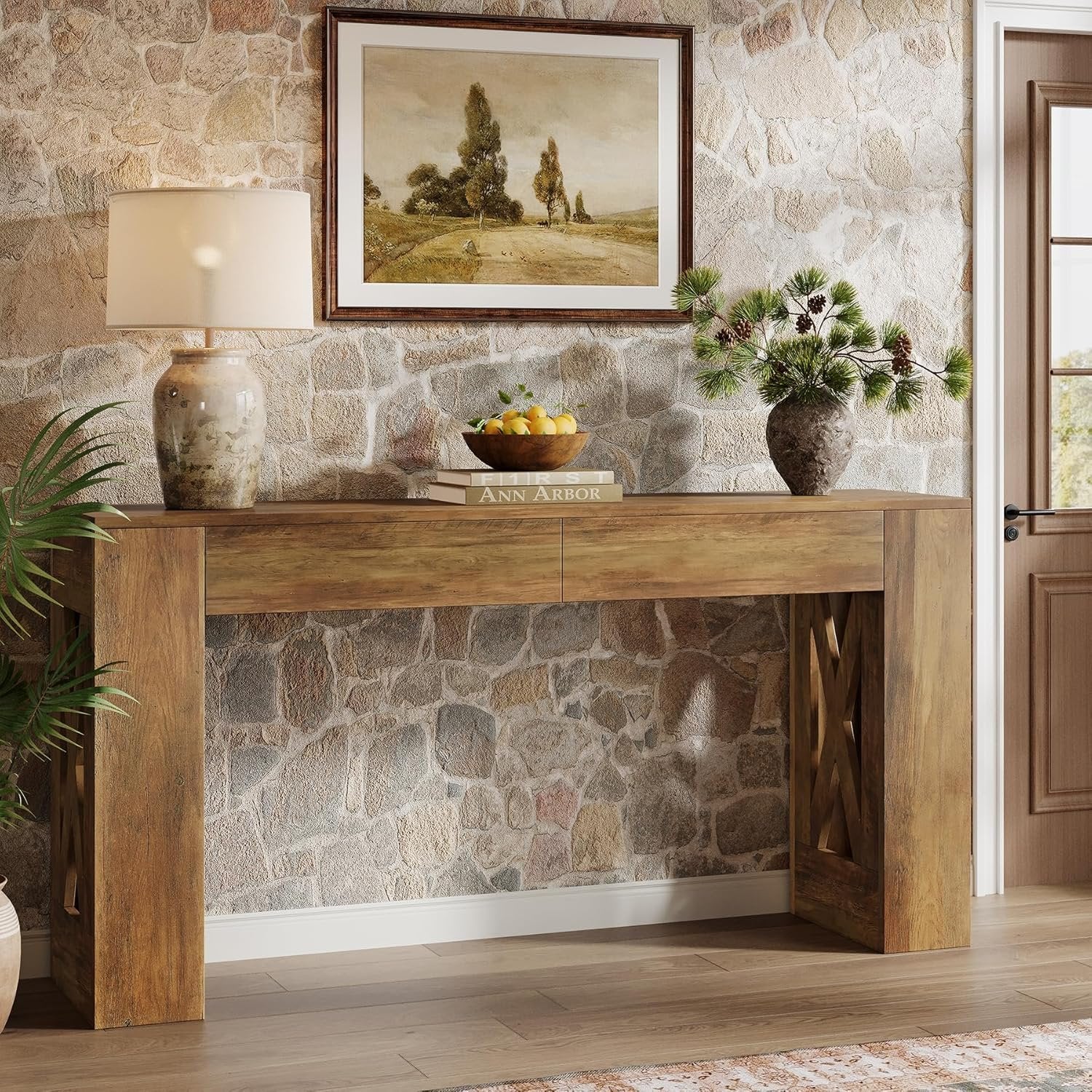 Tribesigns Console de style maison de campagne de 160 cm, Table d'entrée étroite avec 2 tiroirs et pieds en X