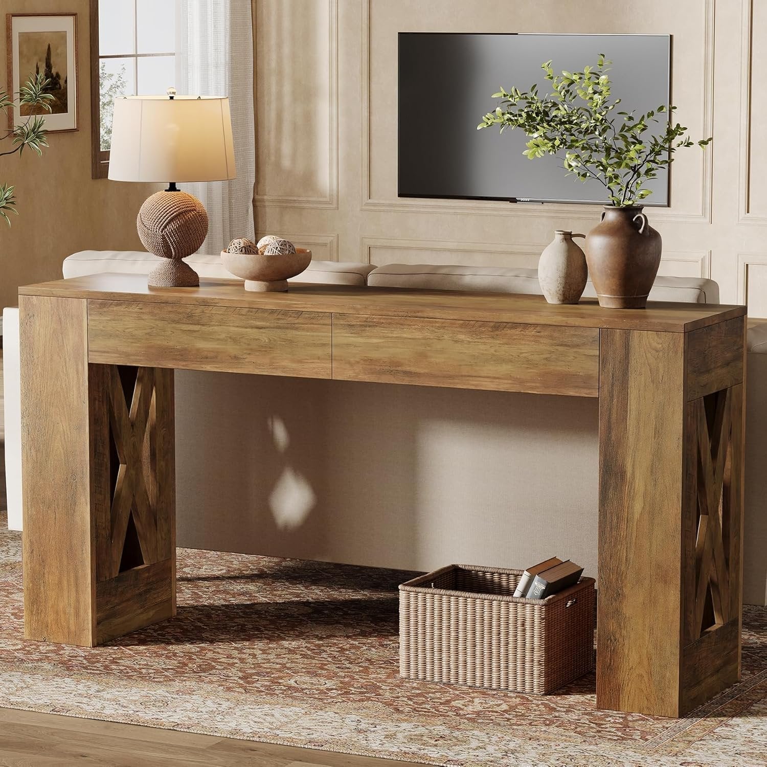 Tribesigns Console de style maison de campagne de 160 cm, Table d'entrée étroite avec 2 tiroirs et pieds en X