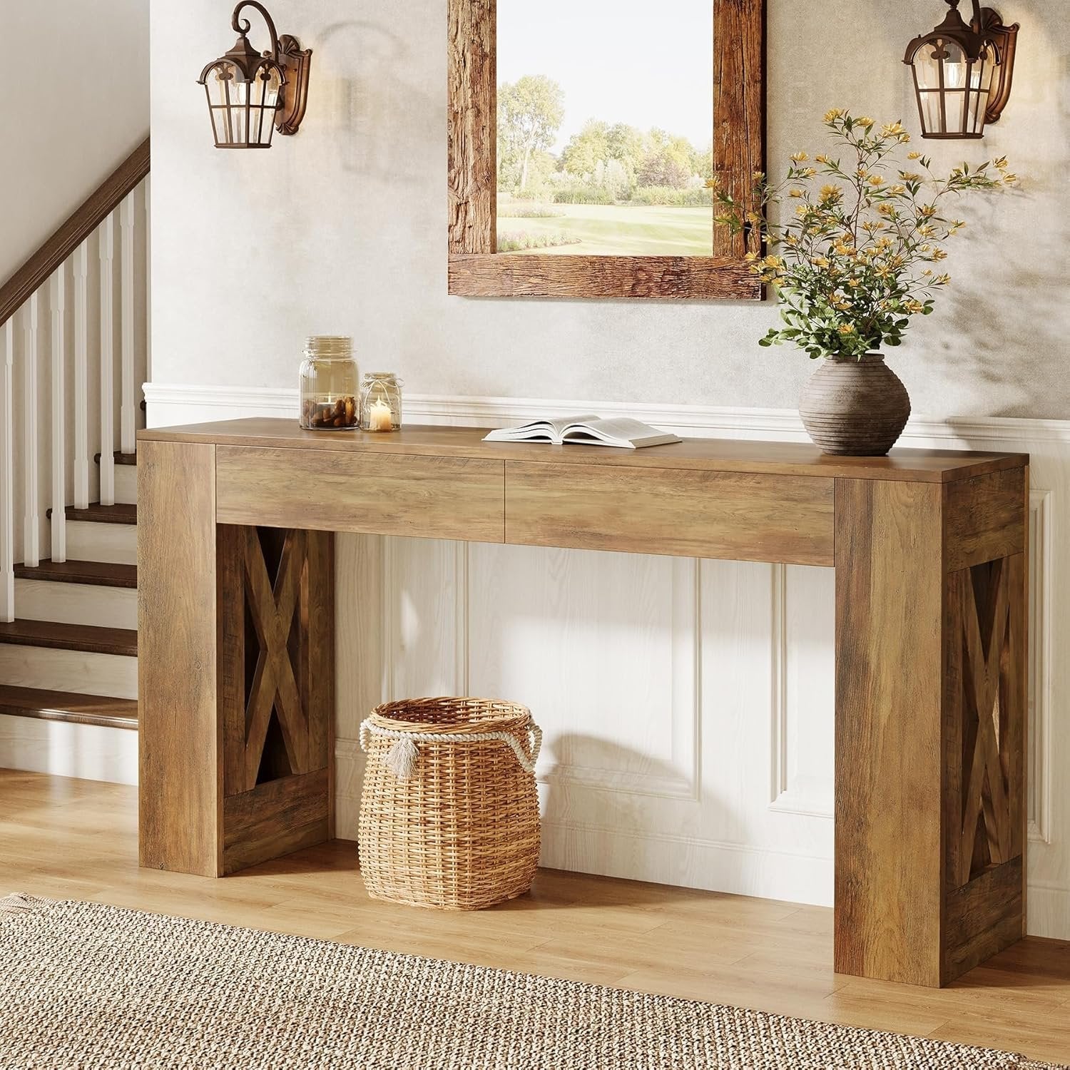 Tribesigns Console de style maison de campagne de 160 cm, Table d'entrée étroite avec 2 tiroirs et pieds en X