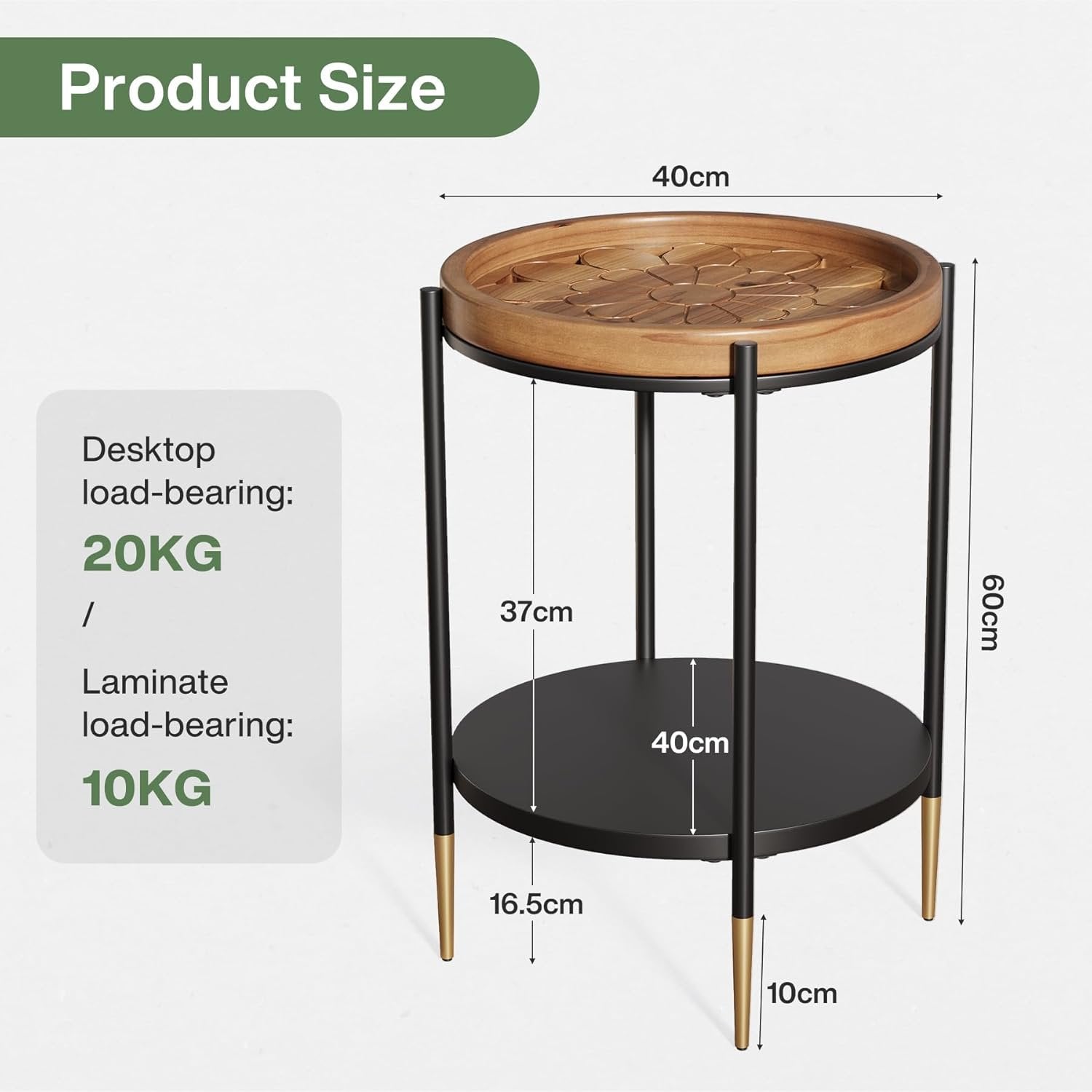 TRIBEWOOD Table d'appoint ronde, Table d'appoint à 2 niveaux en bois massif et métal