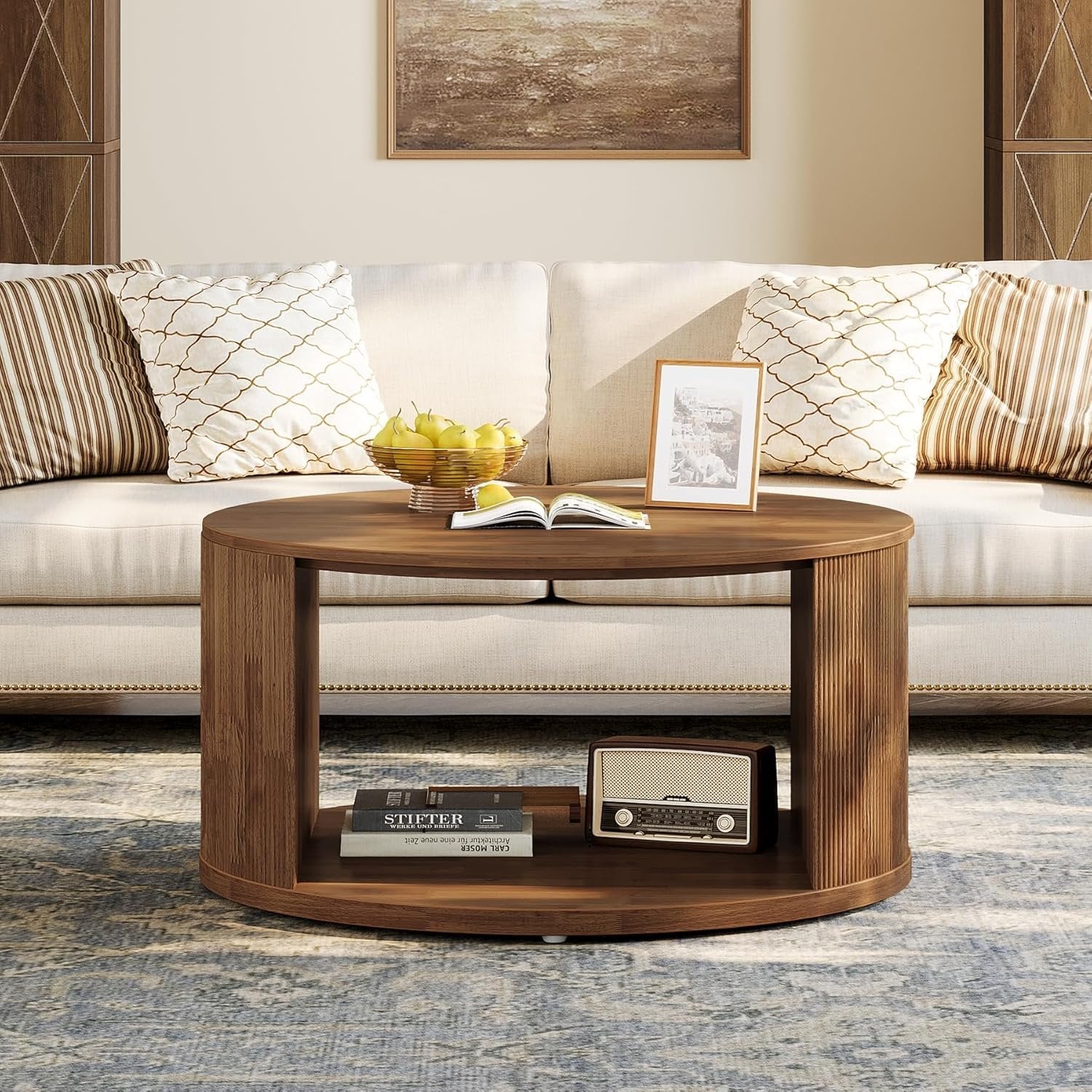 Tribesigns Table basse ronde de 80 cm avec pied à tambour strié et espace de rangement