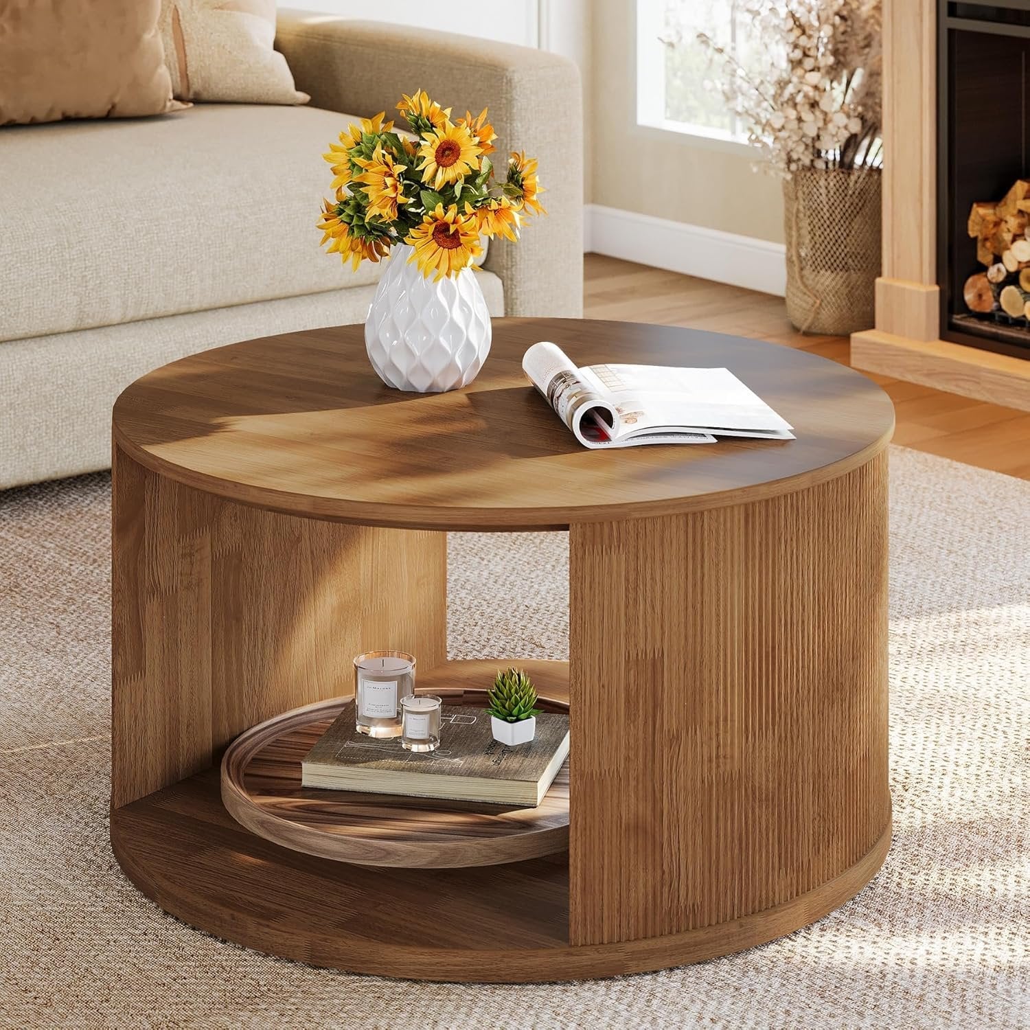 Tribesigns Table basse ronde de 80 cm avec pied à tambour strié et espace de rangement
