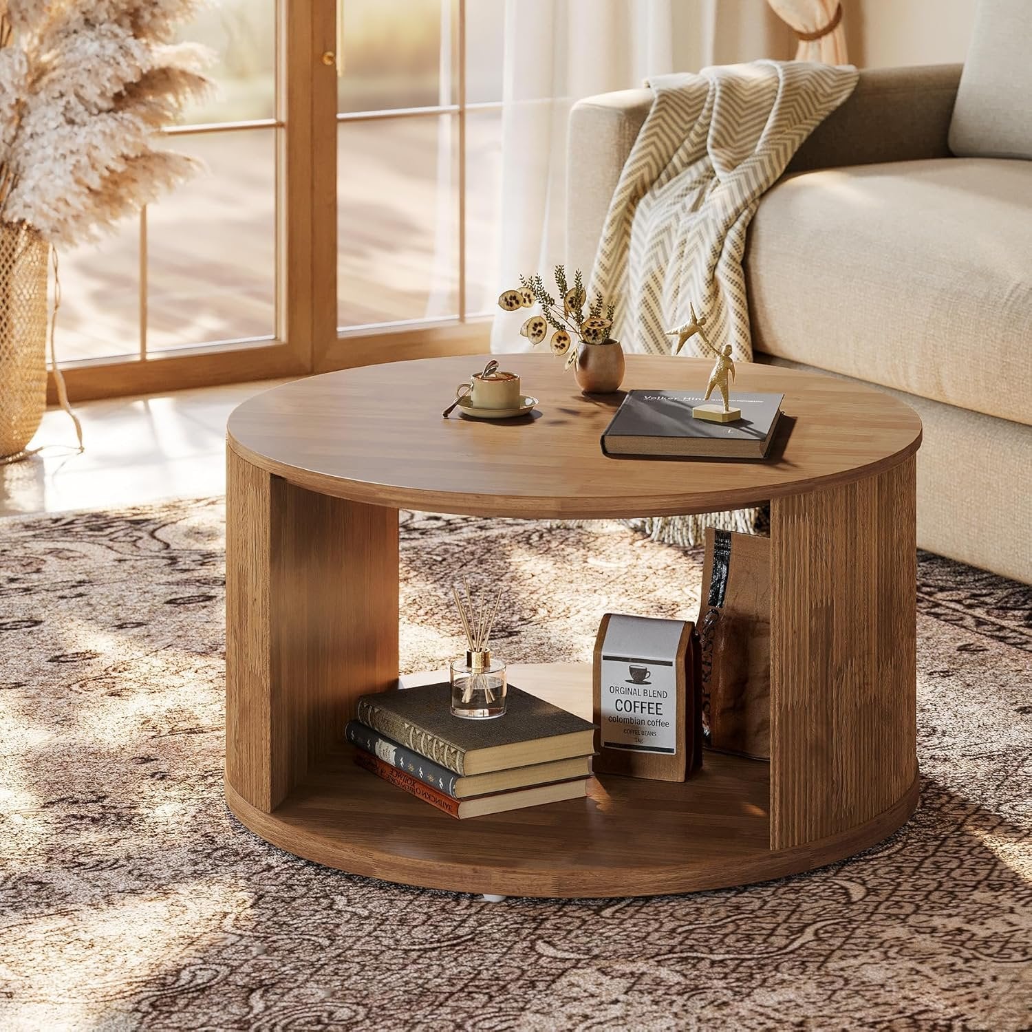 Tribesigns Table basse ronde de 80 cm avec pied à tambour strié et espace de rangement