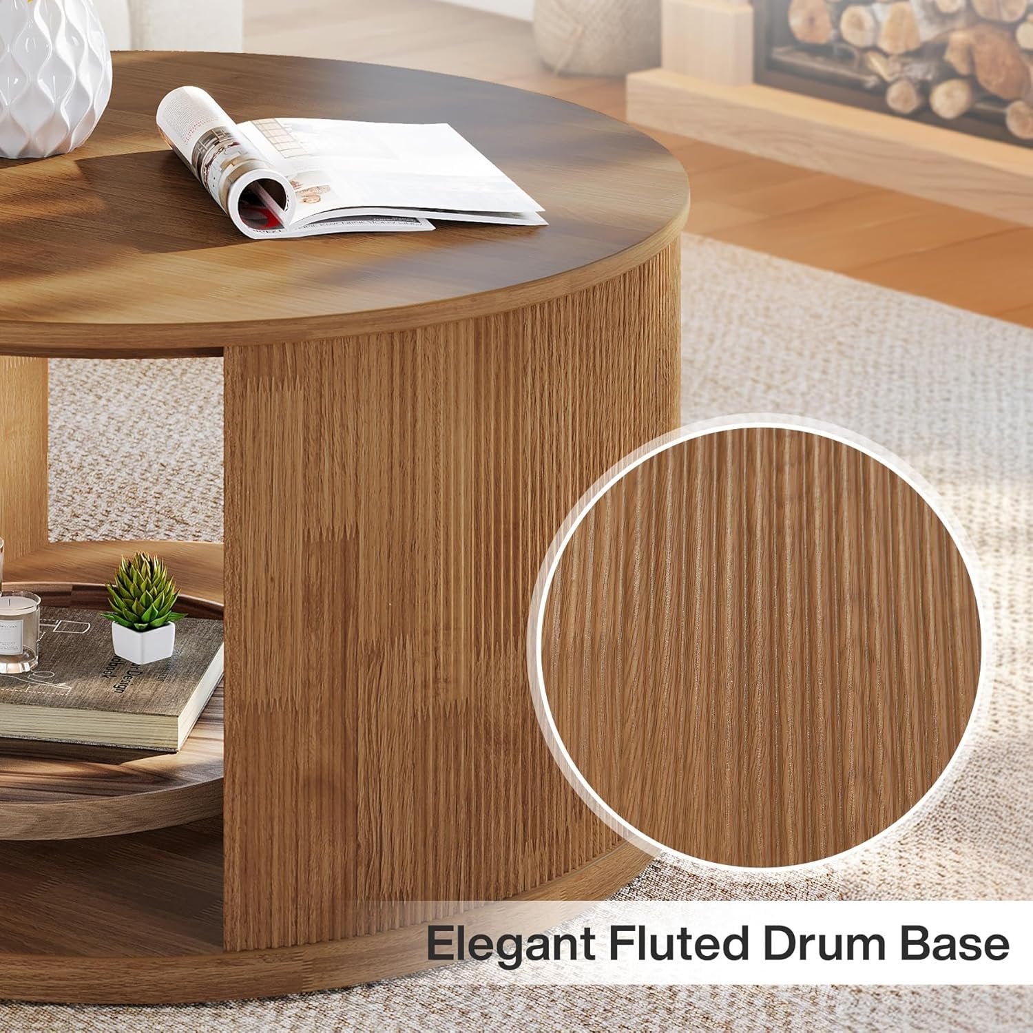 Tribesigns Table basse ronde de 80 cm avec pied à tambour strié et espace de rangement