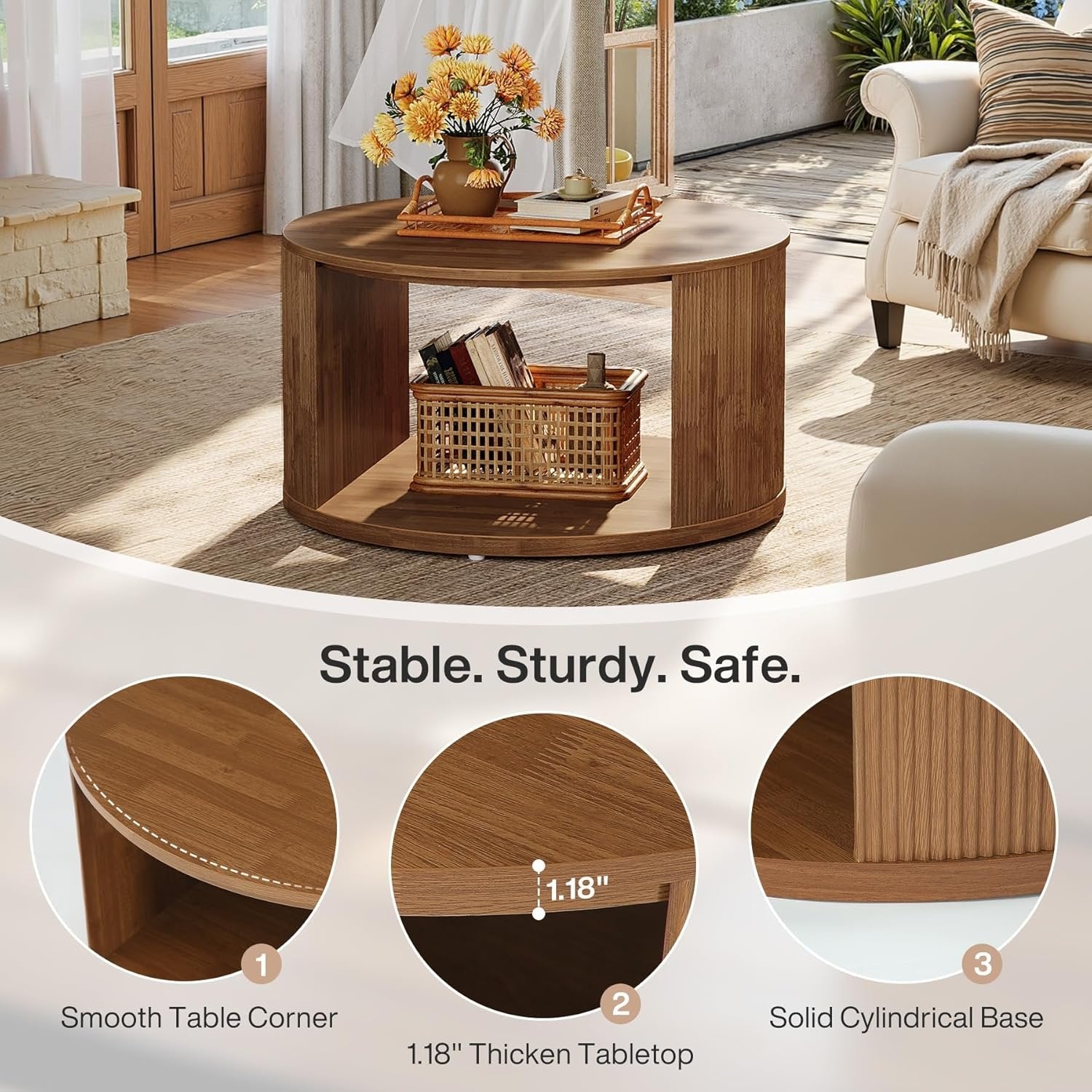 Tribesigns Table basse ronde de 80 cm avec pied à tambour strié et espace de rangement