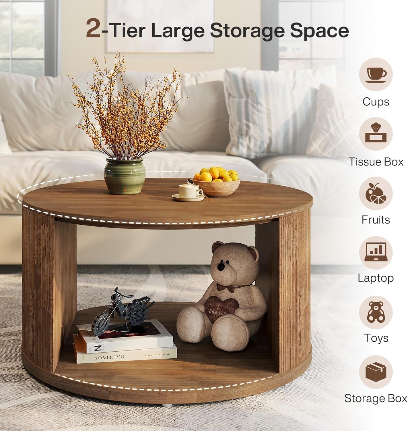 Tribesigns Table basse ronde de 80 cm avec pied à tambour strié et espace de rangement
