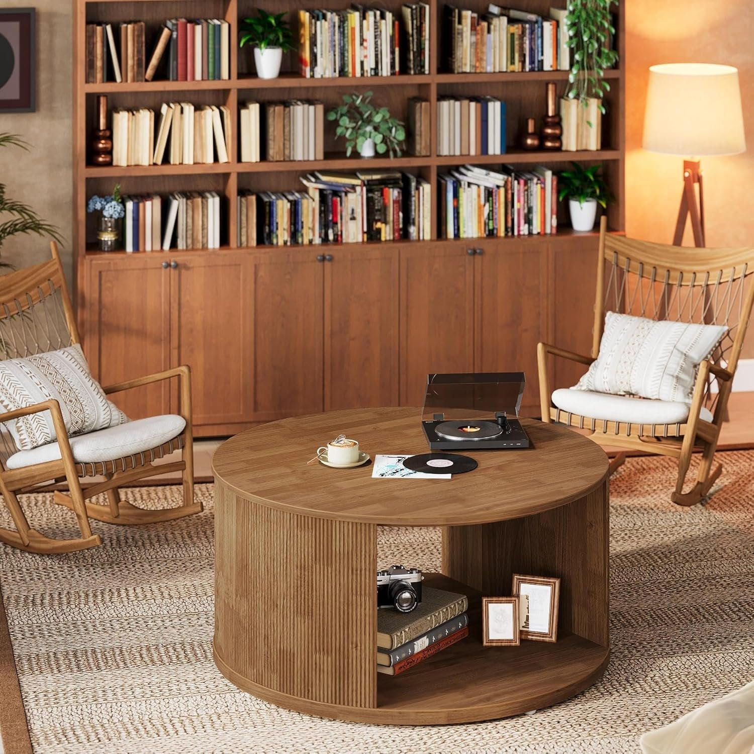 Tribesigns Table basse ronde de 80 cm avec pied à tambour strié et espace de rangement