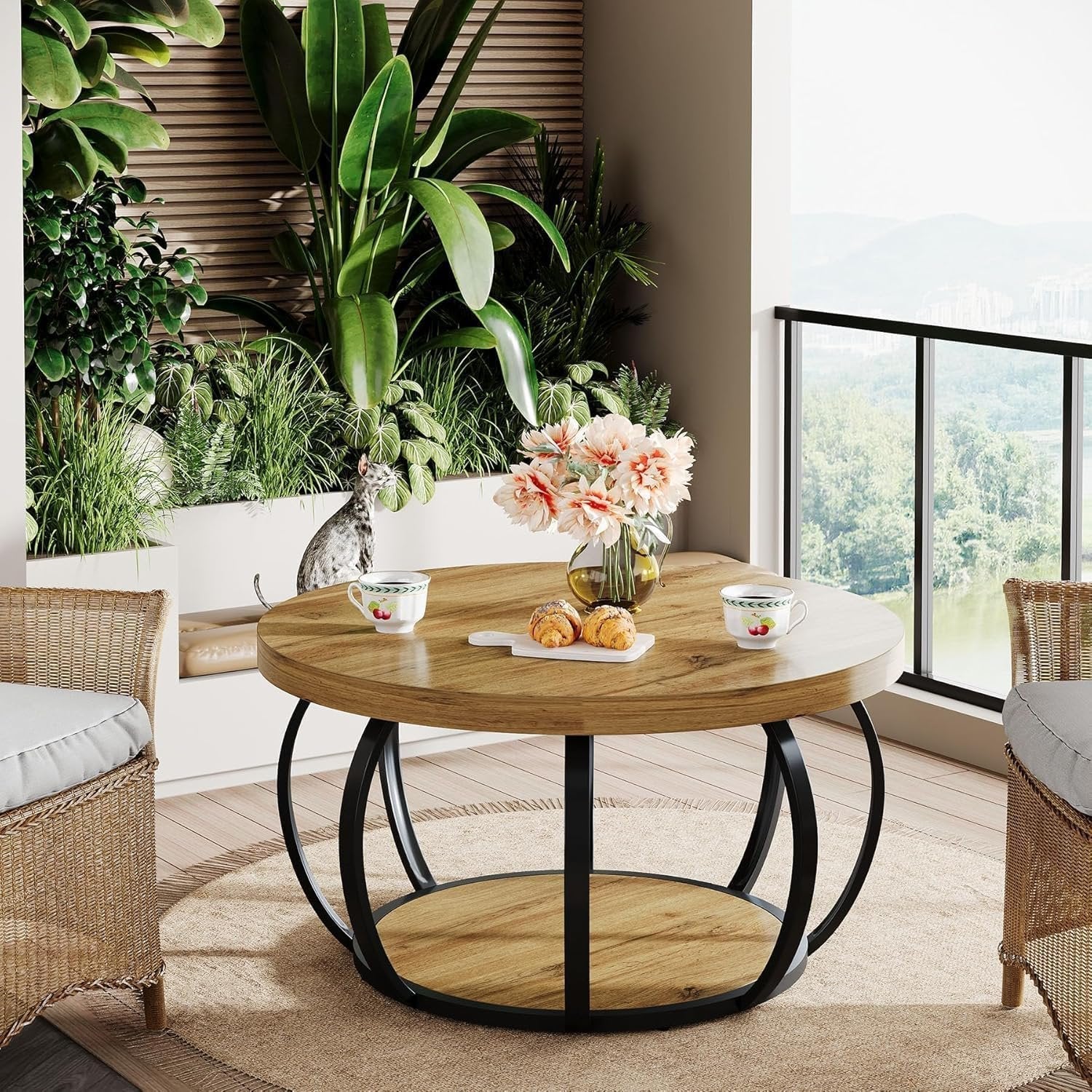 Tribesigns Table basse ronde, Table basse industrielle à 2 niveaux avec étagères de rangement