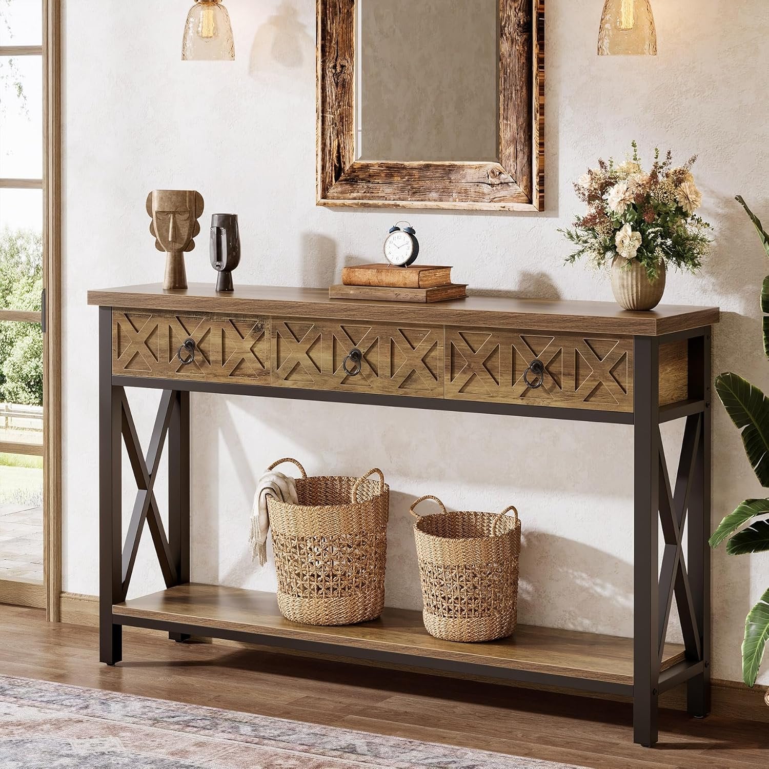 Tribesigns Table Console 140×30×85 cm avec 3 Tiroirs, Table d’Entrée Rustique avec Étagères