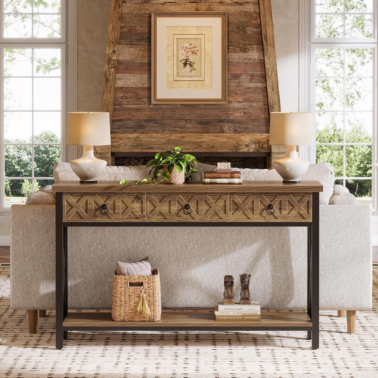 Tribesigns Table Console 140×30×85 cm avec 3 Tiroirs, Table d’Entrée Rustique avec Étagères