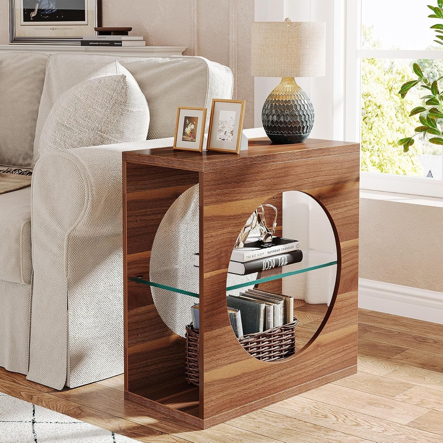 Tribesigns Table d'appoint Moderne pour Salon, Petite Table Basse Étroite à 3 Niveaux avec Étagère en Verre Réglable
