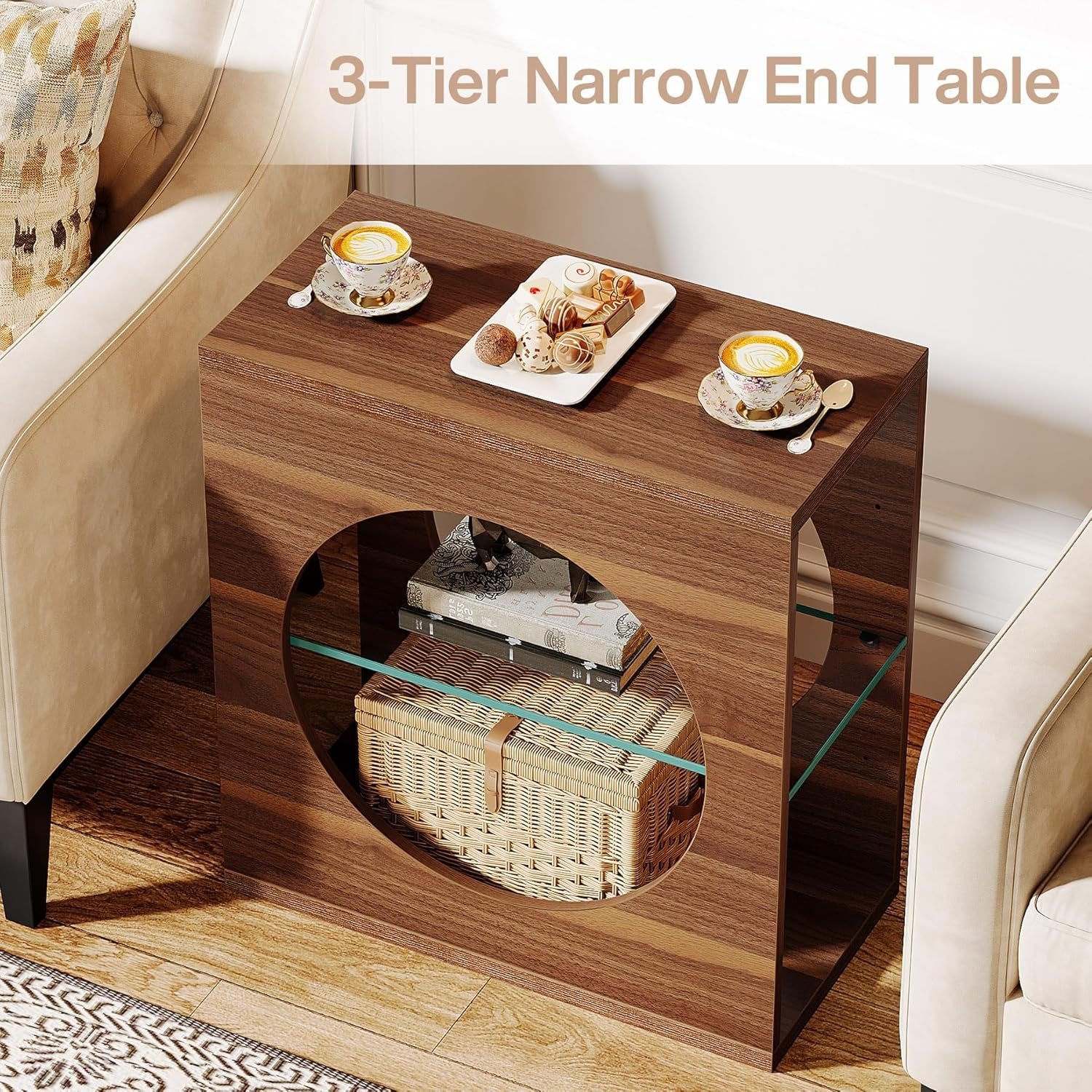 Tribesigns Table d'appoint Moderne pour Salon, Petite Table Basse Étroite à 3 Niveaux avec Étagère en Verre Réglable