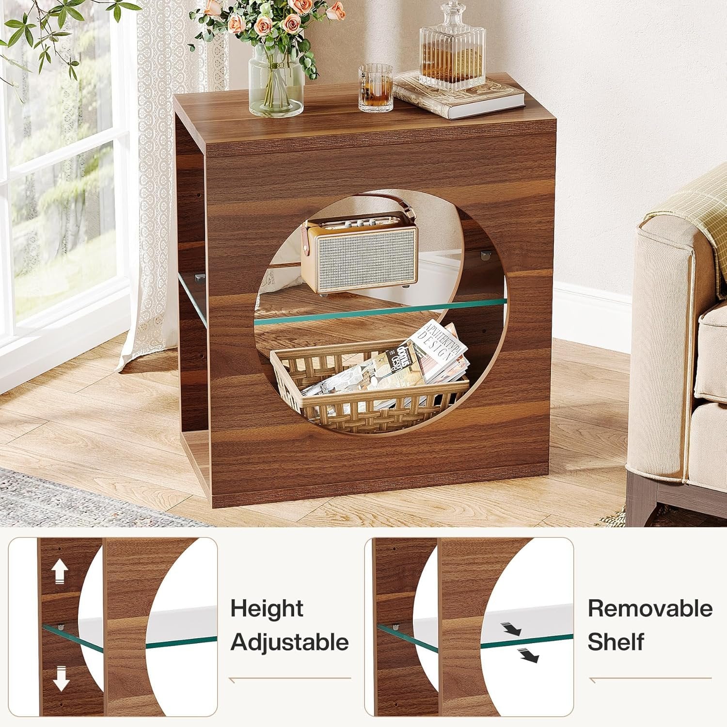 Tribesigns Table d'appoint Moderne pour Salon, Petite Table Basse Étroite à 3 Niveaux avec Étagère en Verre Réglable