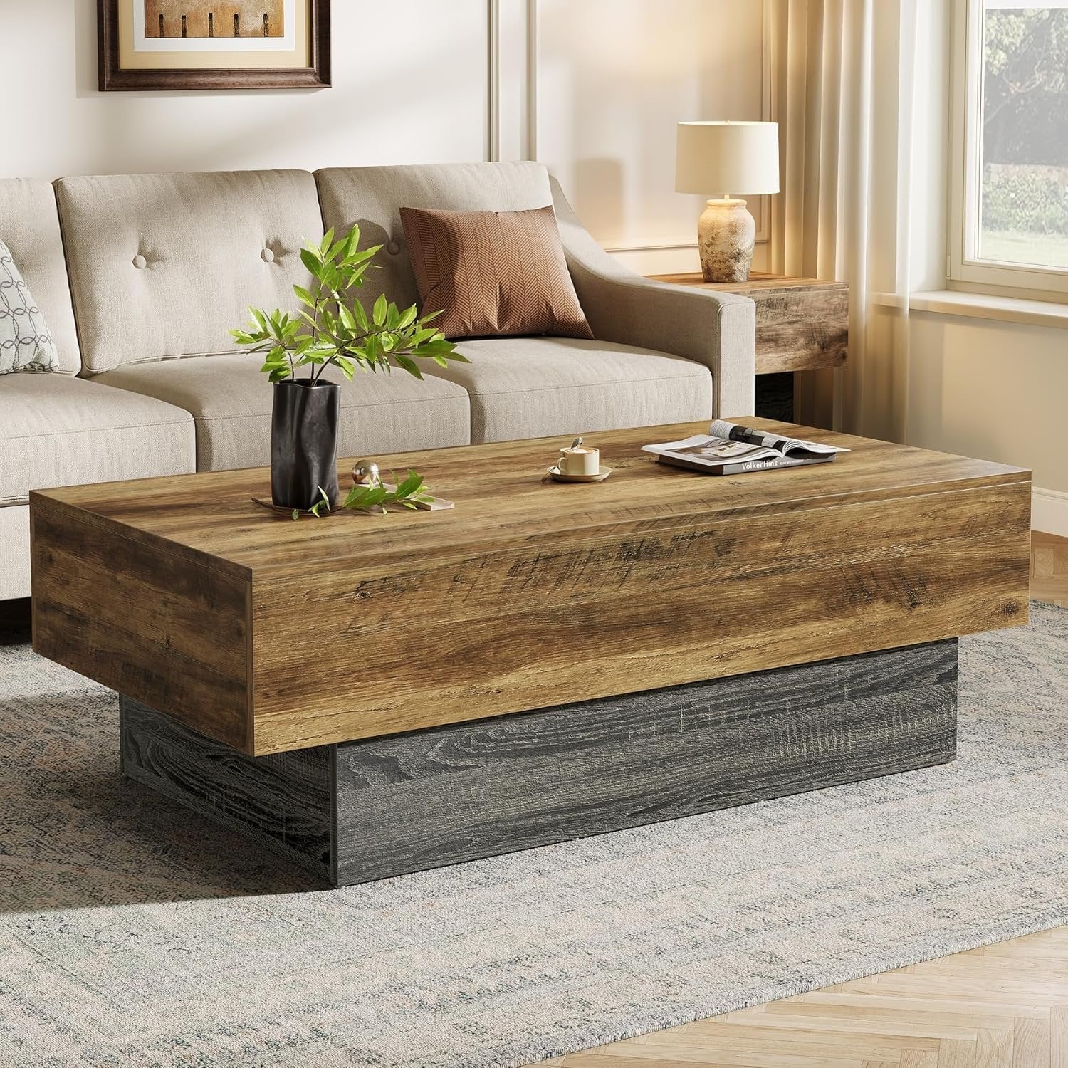 Tribesigns Table basse rectangulaire en bois de style maison de campagne 140 cm