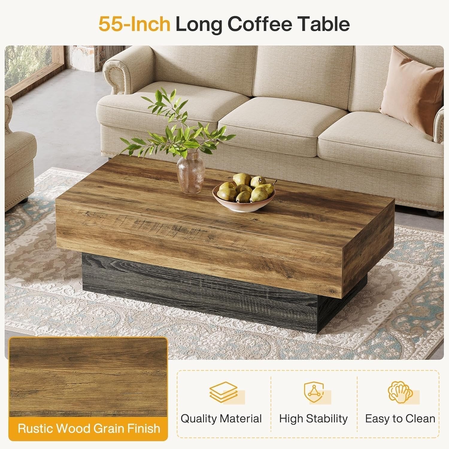 Tribesigns Table basse rectangulaire en bois de style maison de campagne 140 cm