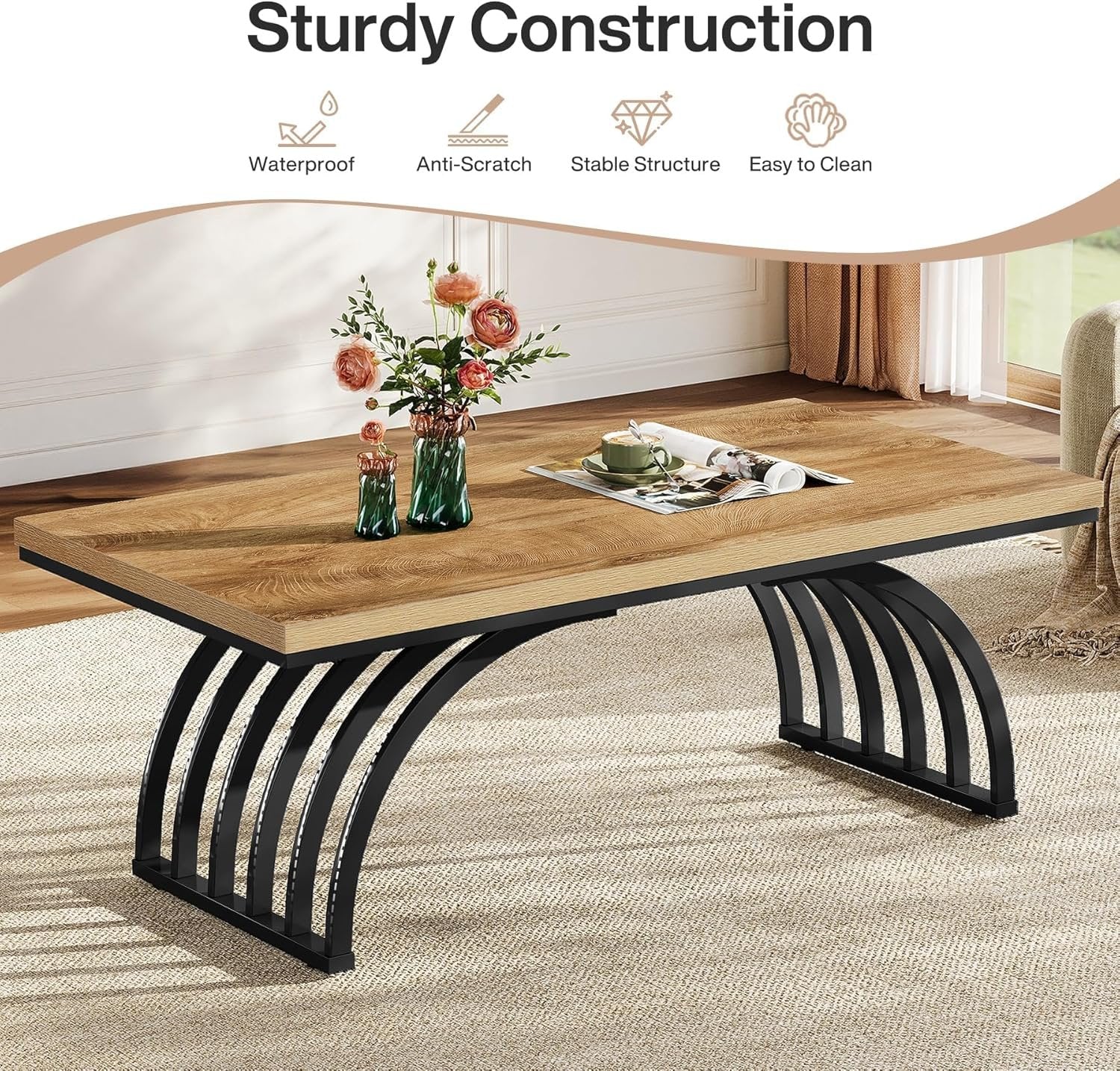 Tribesigns Table basse 120 cm, Table basse industrielle avec pieds en métal Table d'appoint moderne en bois