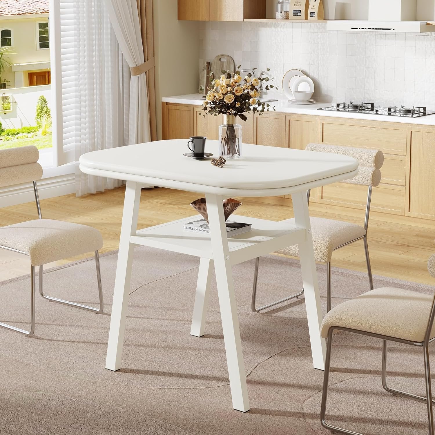 Tribesigns Table à manger de 80 cm pour 2 à 4 personnes, Table de cuisine moderne avec rangement et structure en métal blanc