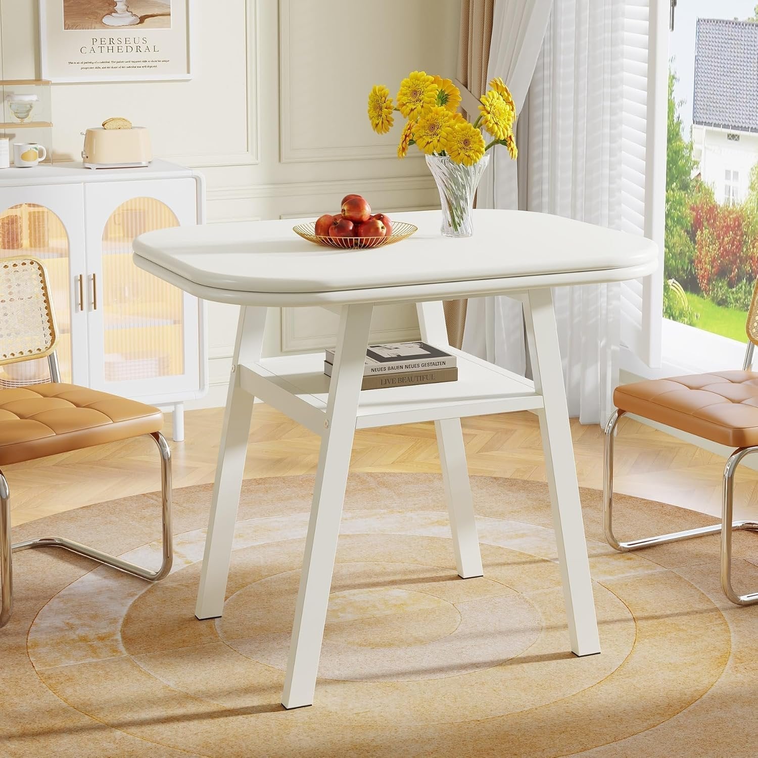 Tribesigns Table à manger de 80 cm pour 2 à 4 personnes, Table de cuisine moderne avec rangement et structure en métal blanc