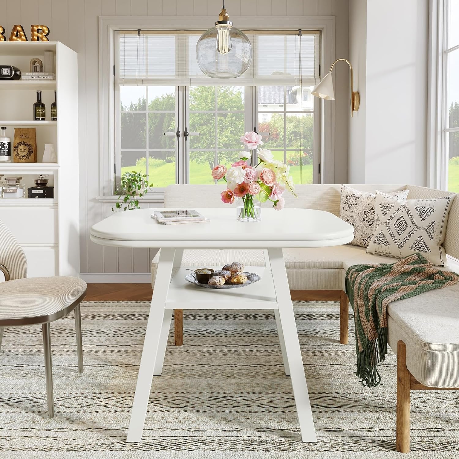 Tribesigns Table à manger de 80 cm pour 2 à 4 personnes, Table de cuisine moderne avec rangement et structure en métal blanc