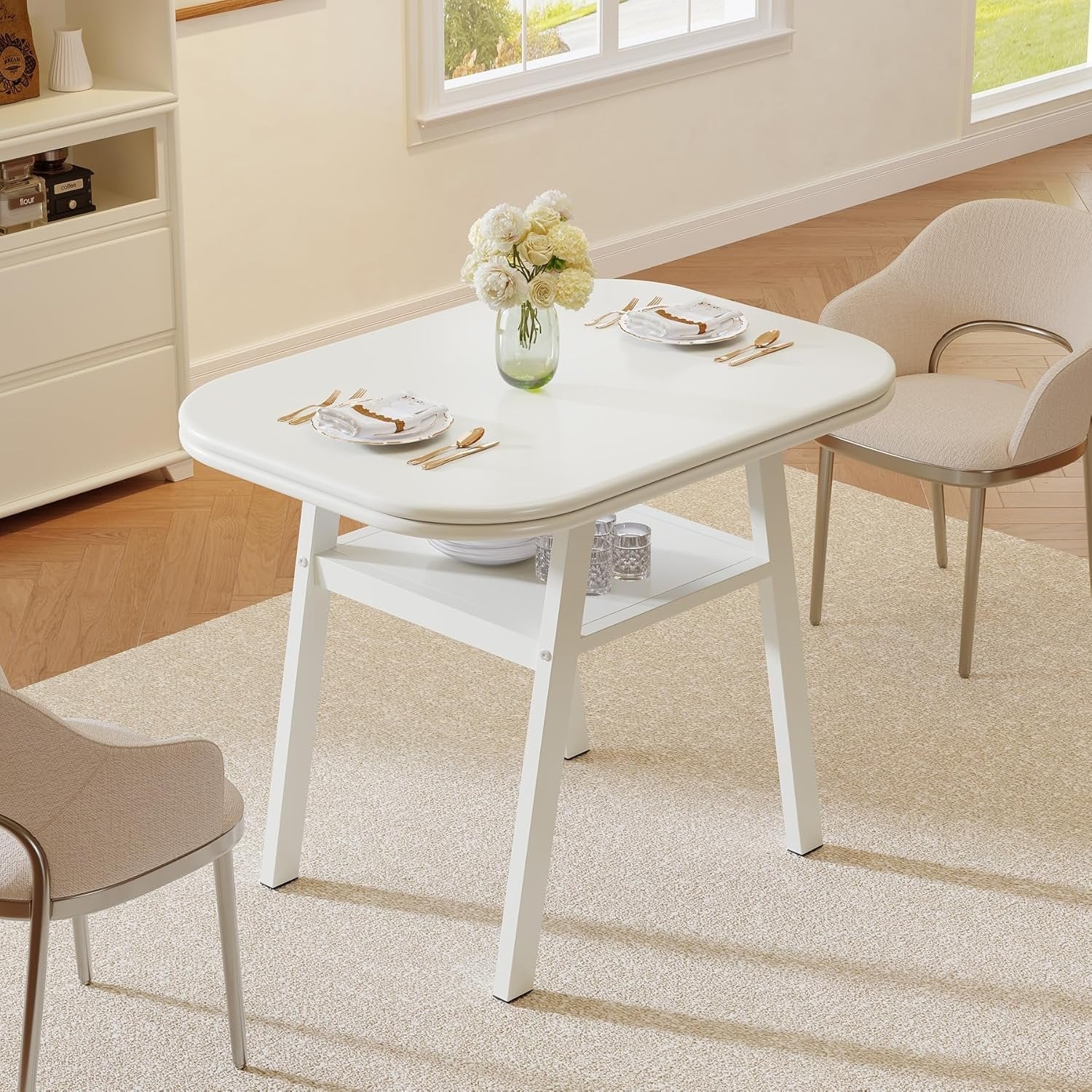 Tribesigns Table à manger de 80 cm pour 2 à 4 personnes, Table de cuisine moderne avec rangement et structure en métal blanc