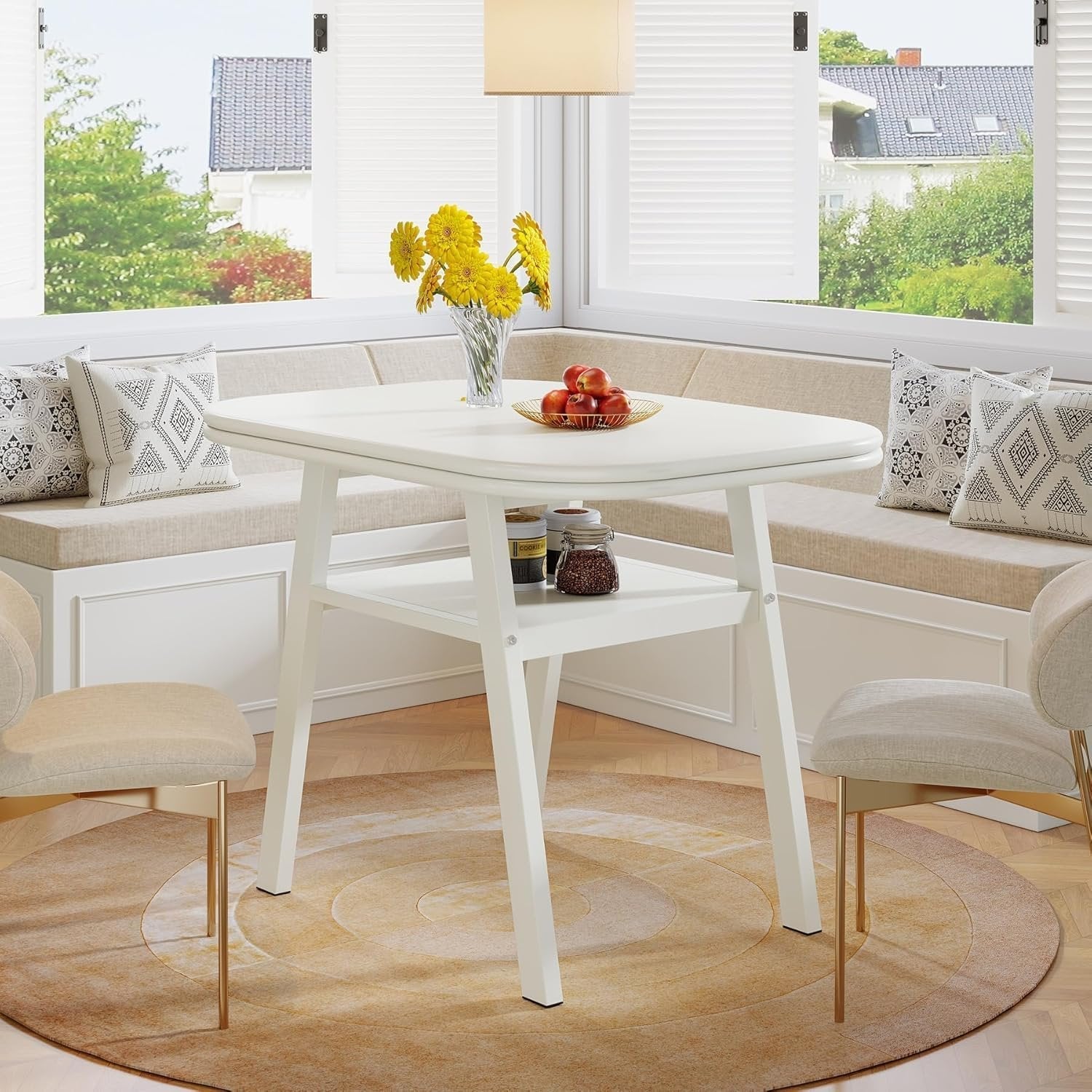 Tribesigns Table à manger de 80 cm pour 2 à 4 personnes, Table de cuisine moderne avec rangement et structure en métal blanc