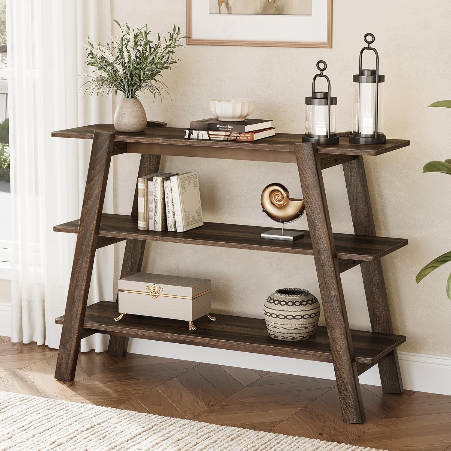 Tribesigns Table console de 105 cm, Table basse à 3 niveaux étroite et longue avec compartiments de rangement ouverts