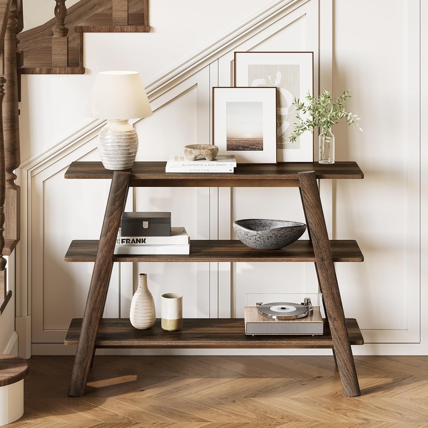 Tribesigns Table console de 105 cm, Table basse à 3 niveaux étroite et longue avec compartiments de rangement ouverts