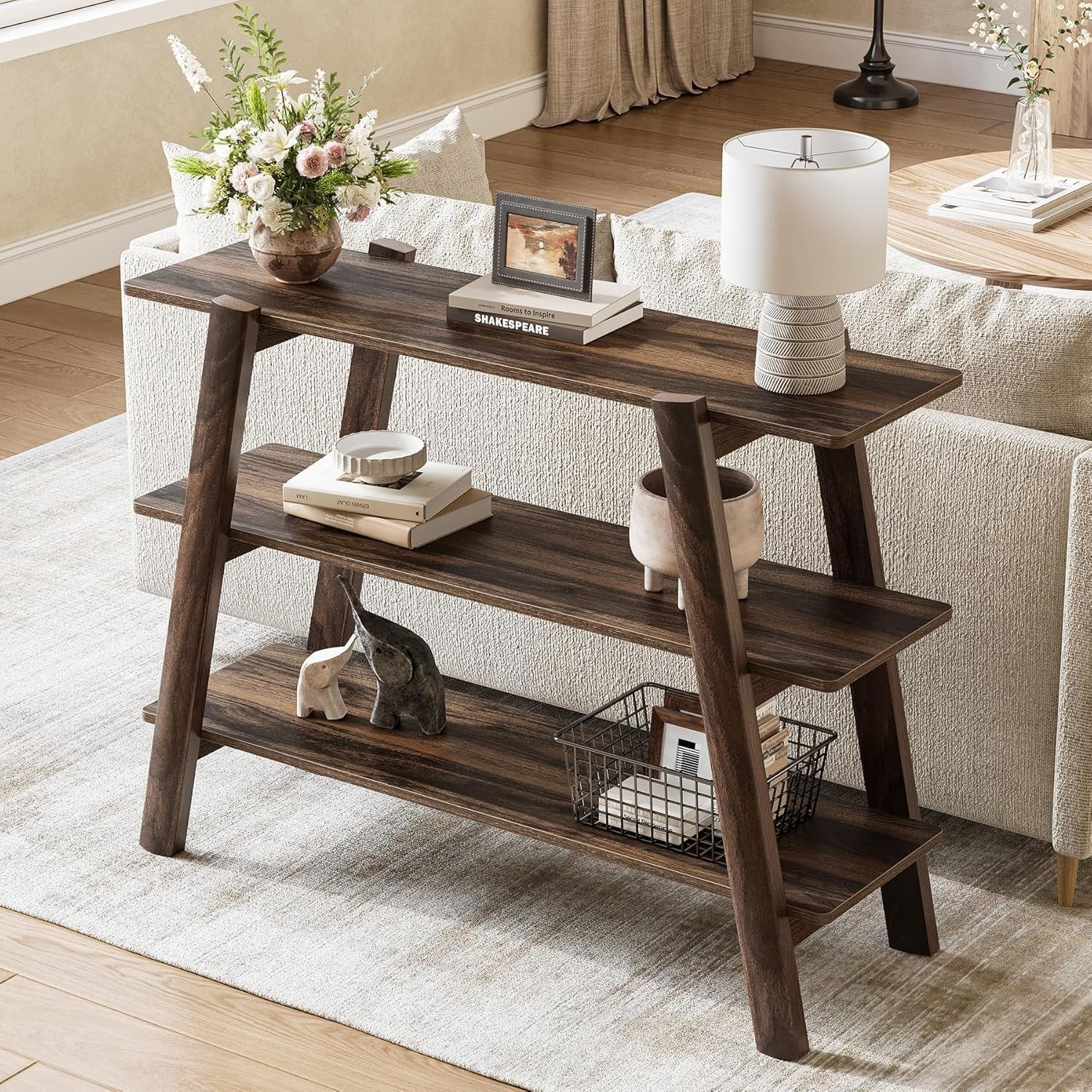 Tribesigns Table console de 105 cm, Table basse à 3 niveaux étroite et longue avec compartiments de rangement ouverts