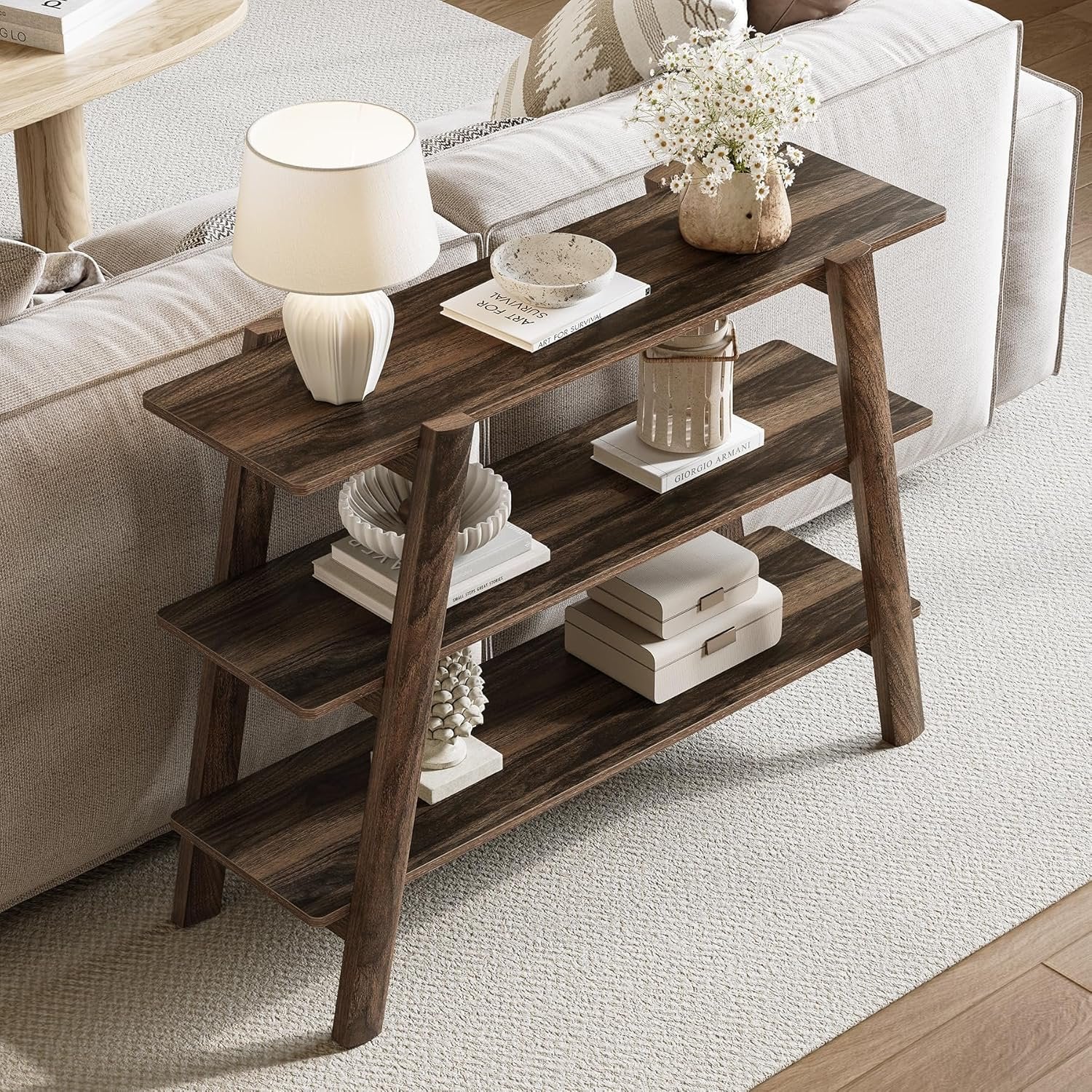 Tribesigns Table console de 105 cm, Table basse à 3 niveaux étroite et longue avec compartiments de rangement ouverts