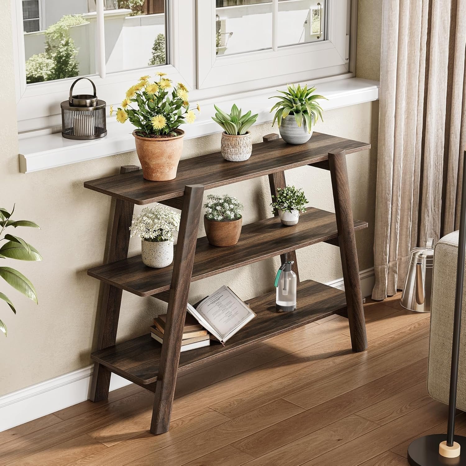 Tribesigns Table console de 105 cm, Table basse à 3 niveaux étroite et longue avec compartiments de rangement ouverts