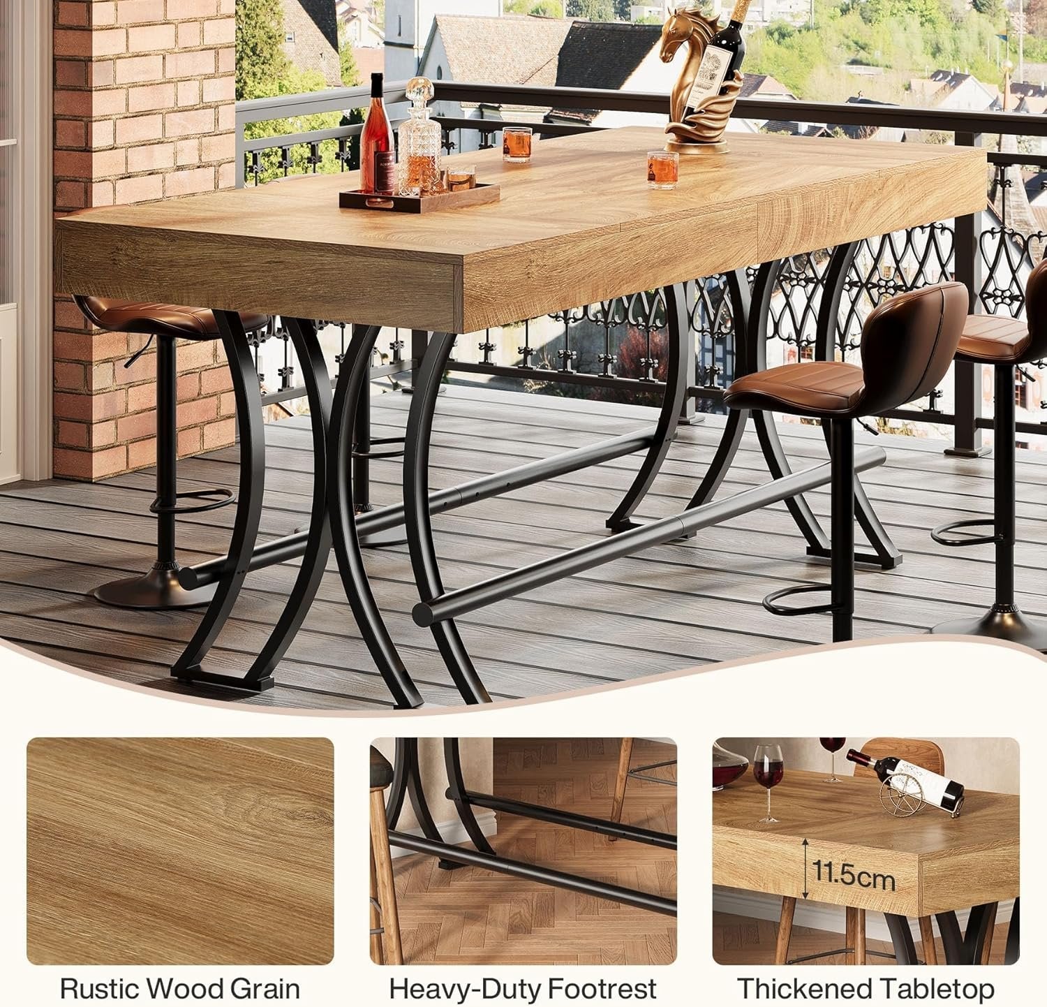 Tribesigns Table de bar et pub rectangulaire de 160 cm de haut avec repose-pieds en métal, Table à manger rectangulaire