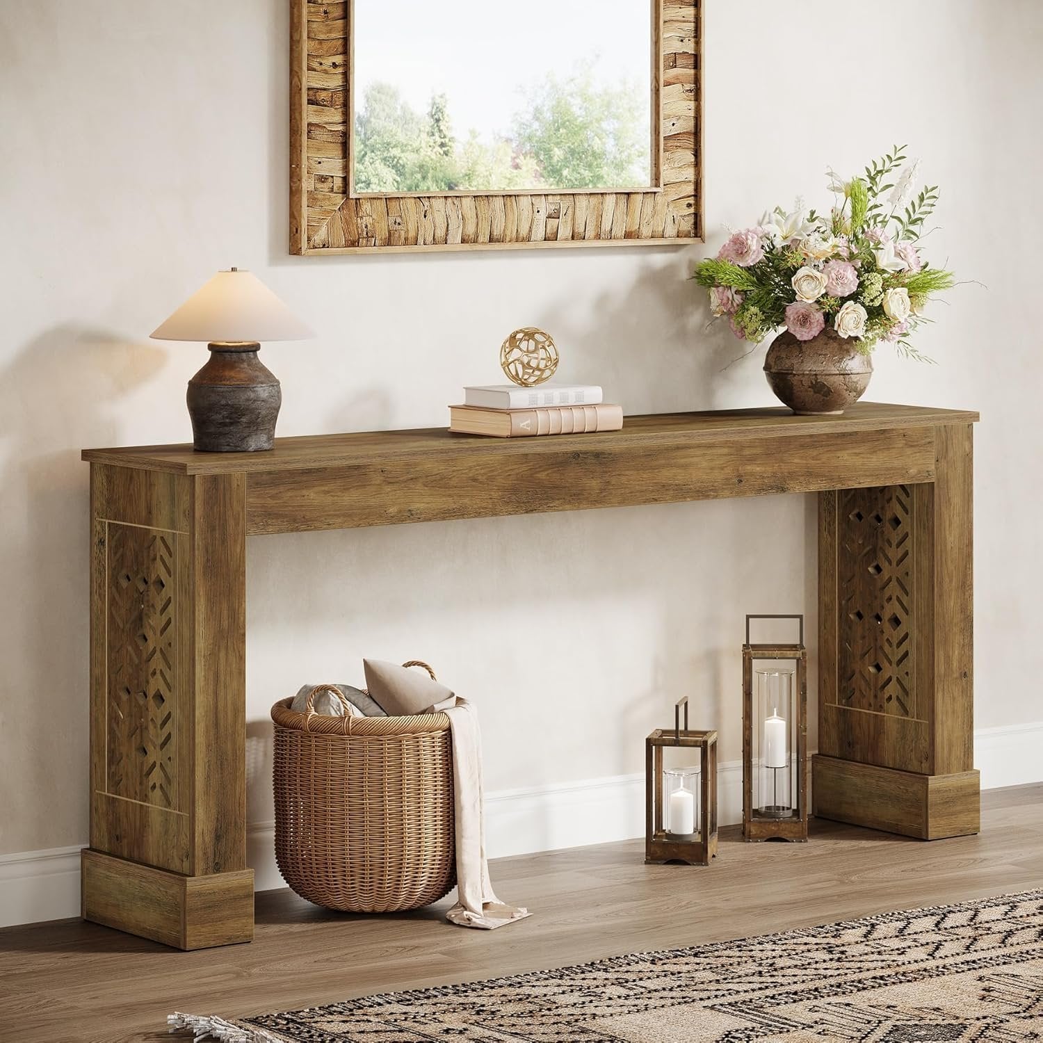 Tribesigns Console de style maison de campagne de 160 cm, Table d'entrée au design industriel rétro avec pieds à motifs creux en marron
