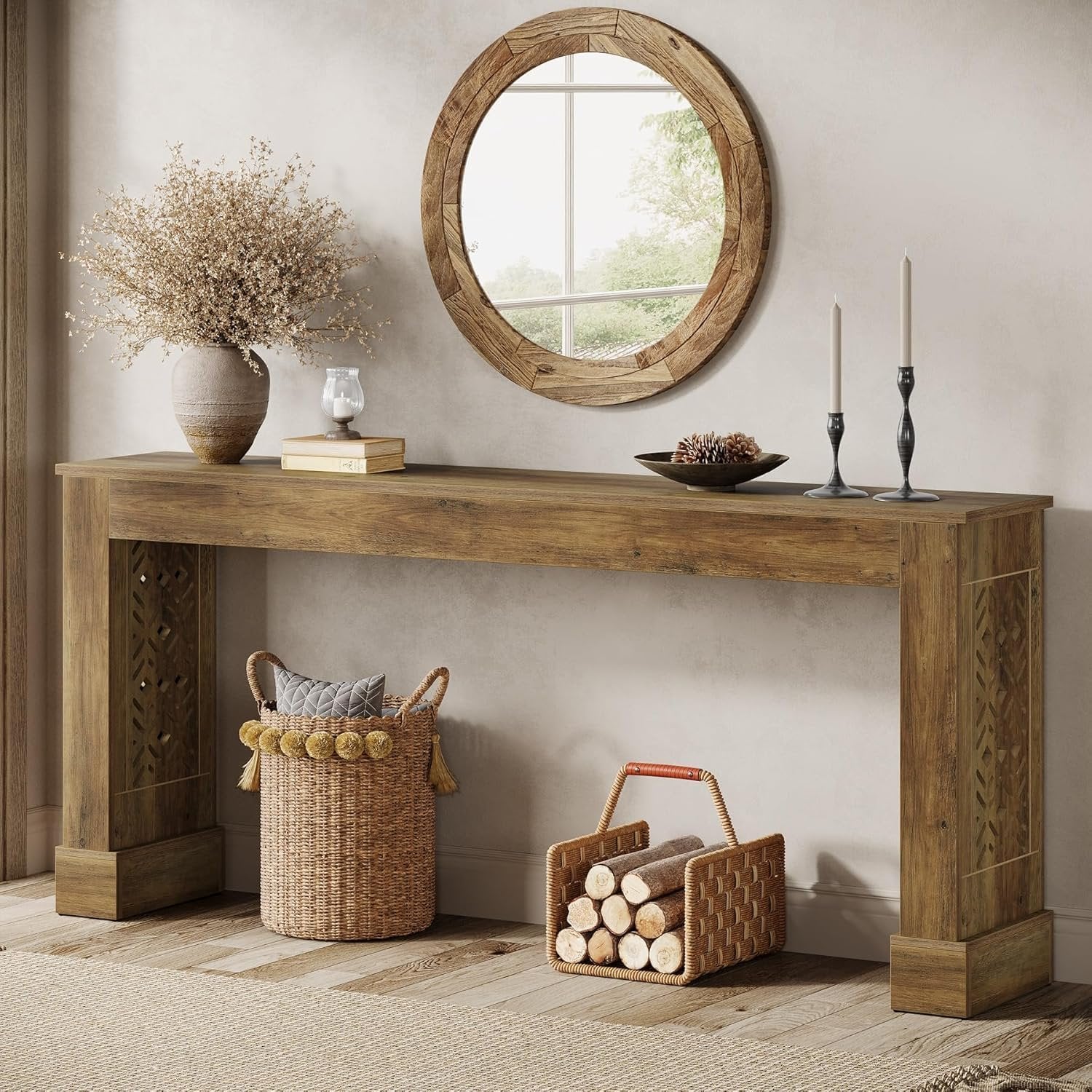 Tribesigns Console de style maison de campagne de 160 cm, Table d'entrée au design industriel rétro avec pieds à motifs creux en marron