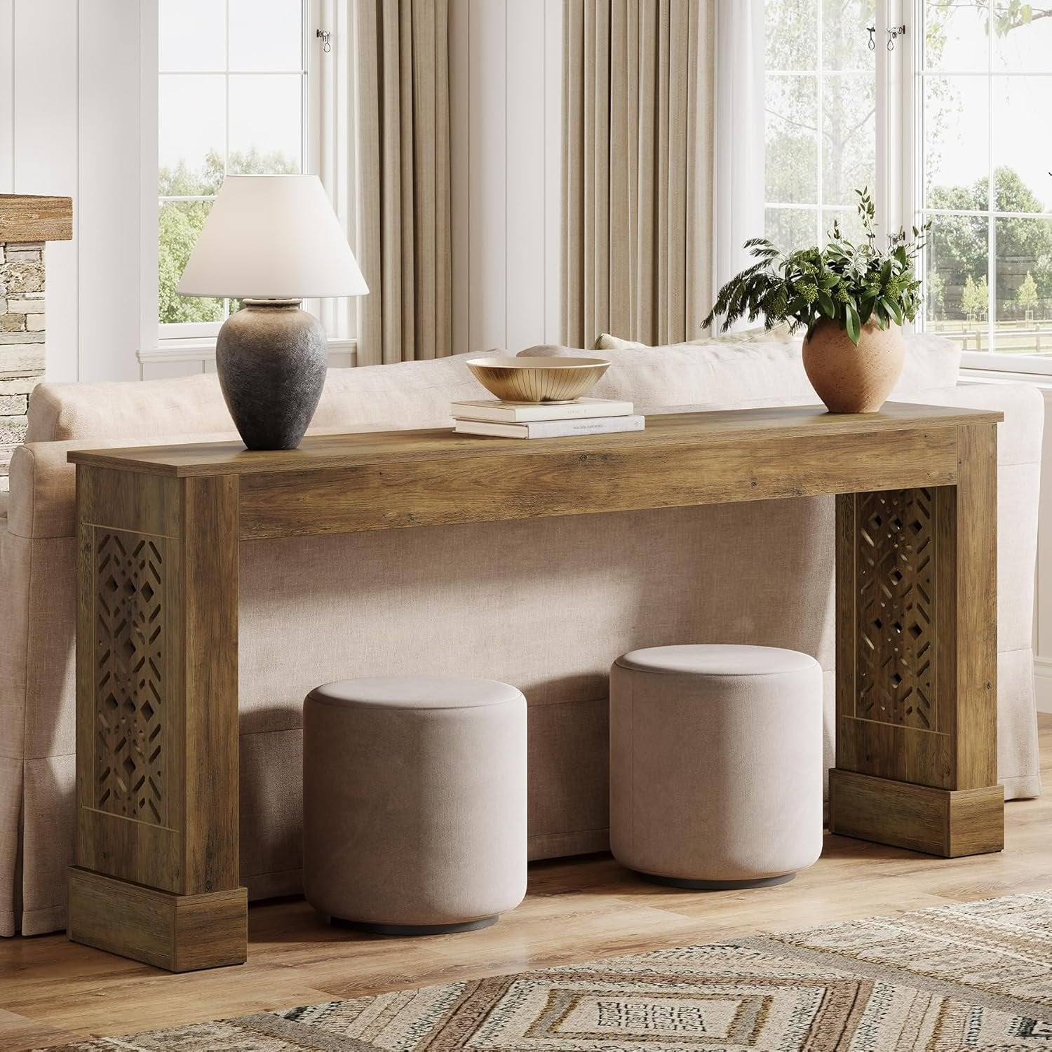 Tribesigns Console de style maison de campagne de 160 cm, Table d'entrée au design industriel rétro avec pieds à motifs creux en marron