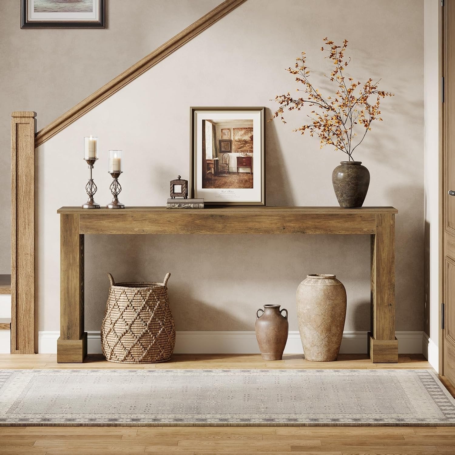 Tribesigns Console de style maison de campagne de 160 cm, Table d'entrée au design industriel rétro avec pieds à motifs creux en marron