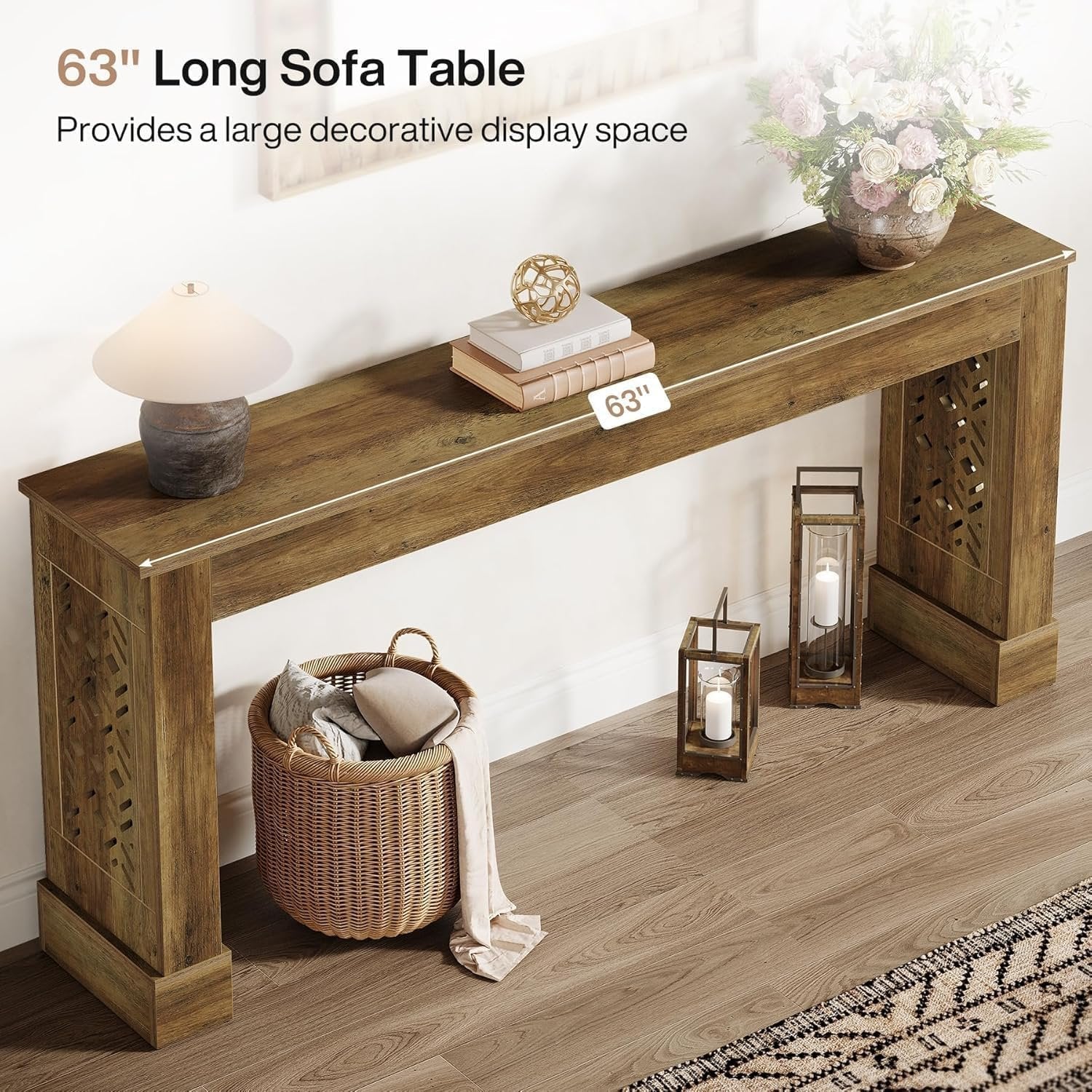 Tribesigns Console de style maison de campagne de 160 cm, Table d'entrée au design industriel rétro avec pieds à motifs creux en marron