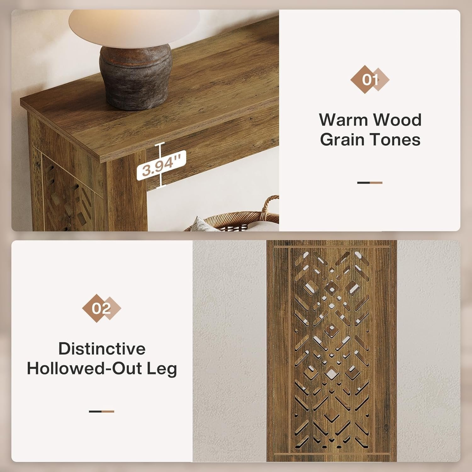 Tribesigns Console de style maison de campagne de 160 cm, Table d'entrée au design industriel rétro avec pieds à motifs creux en marron