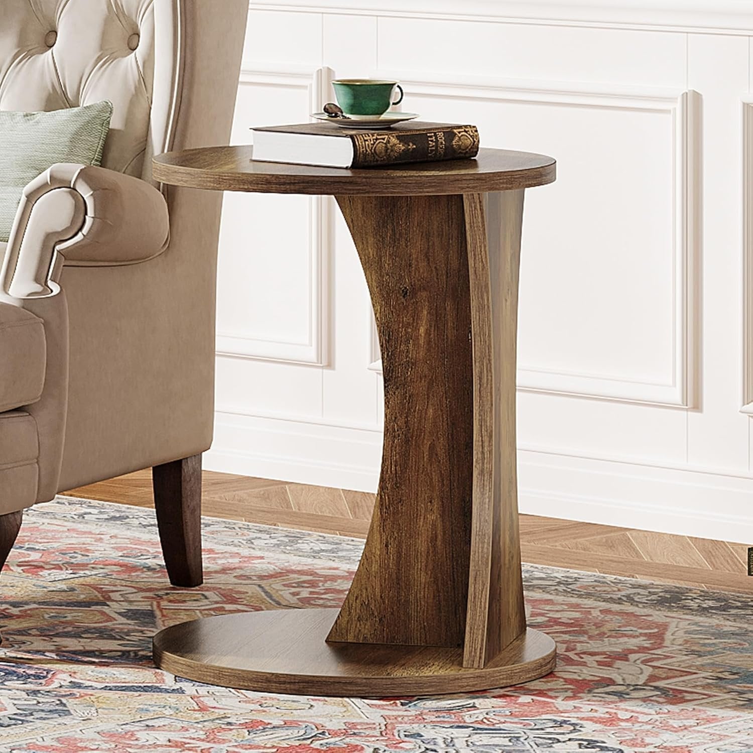 Tribesigns Table d'appoint en forme de C, Table basse ronde pour canapé Table basse à 2 niveaux pour salon