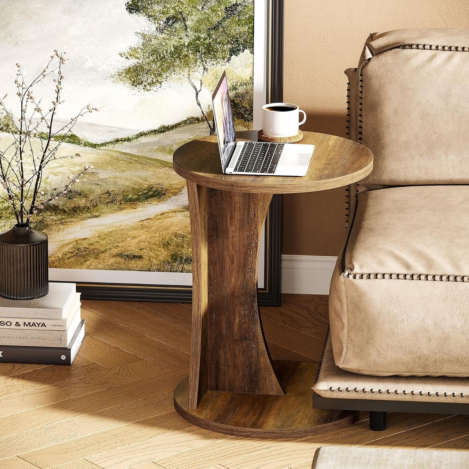 Tribesigns Table d'appoint en forme de C, Table basse ronde pour canapé Table basse à 2 niveaux pour salon