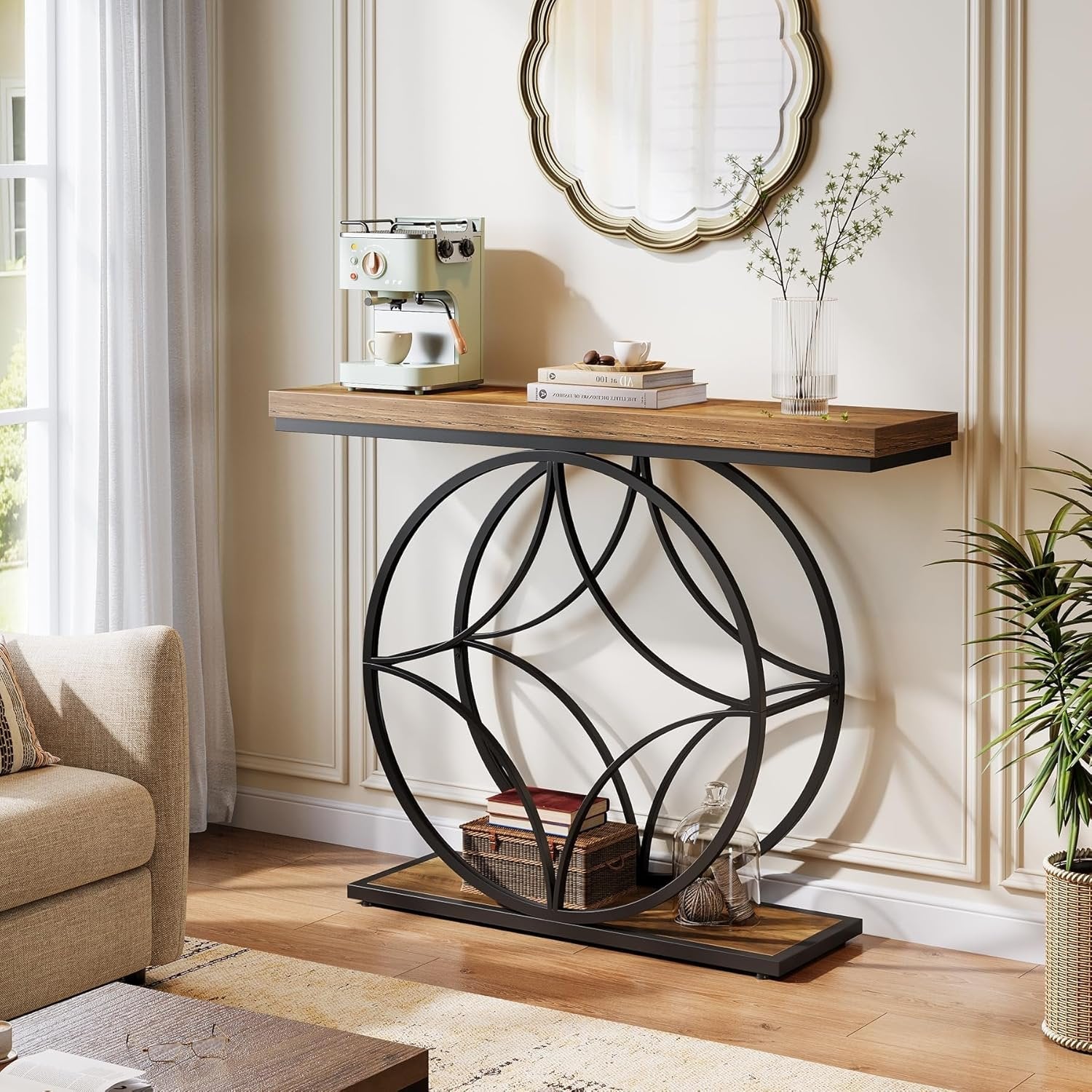 Tribesigns Table console industrielle à 2 niveaux de 120 cm avec cadre géométrique en métal