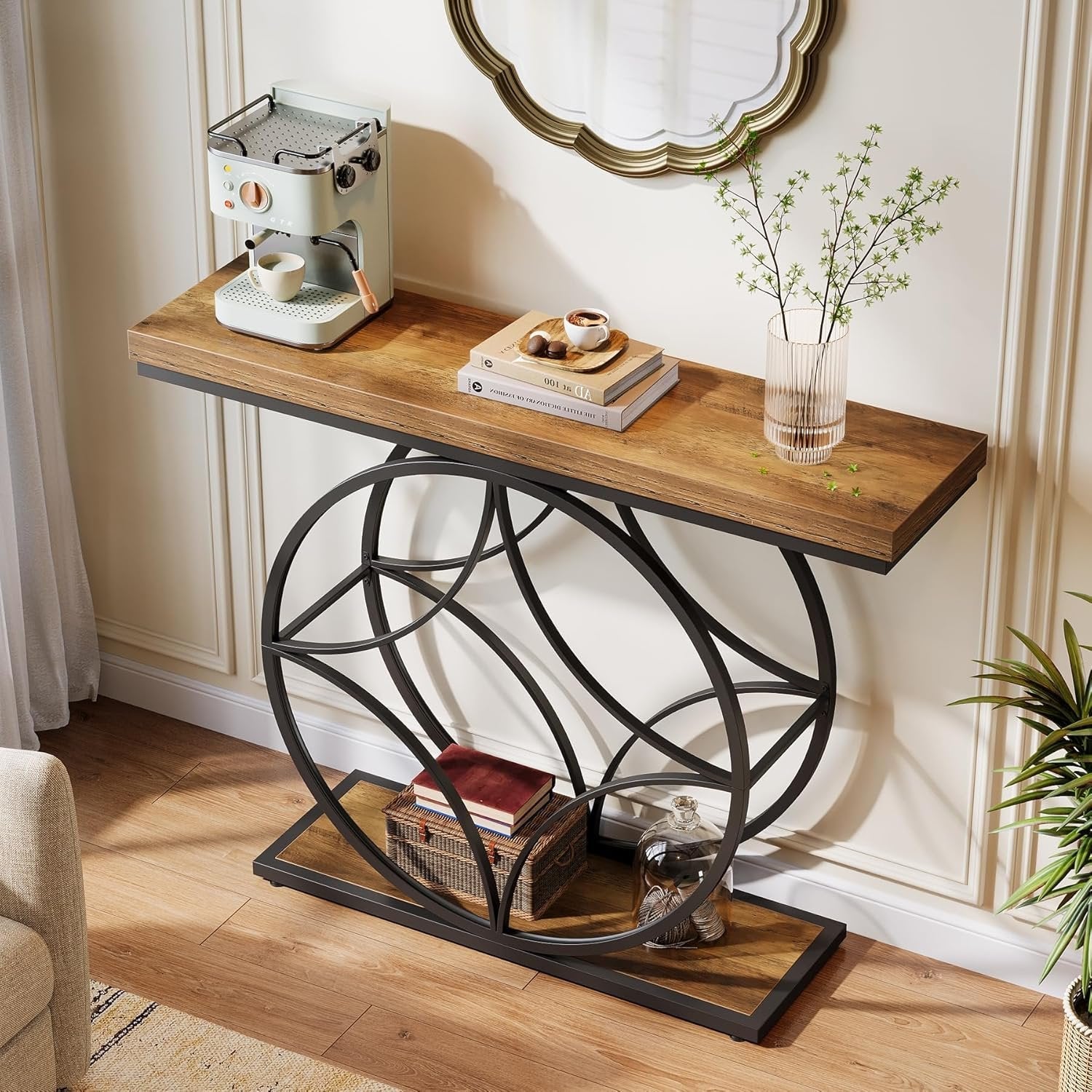 Tribesigns Table console industrielle à 2 niveaux de 120 cm avec cadre géométrique en métal