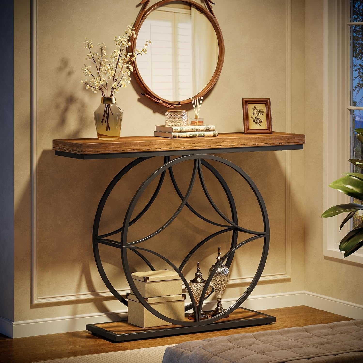 Tribesigns Table console industrielle à 2 niveaux de 120 cm avec cadre géométrique en métal