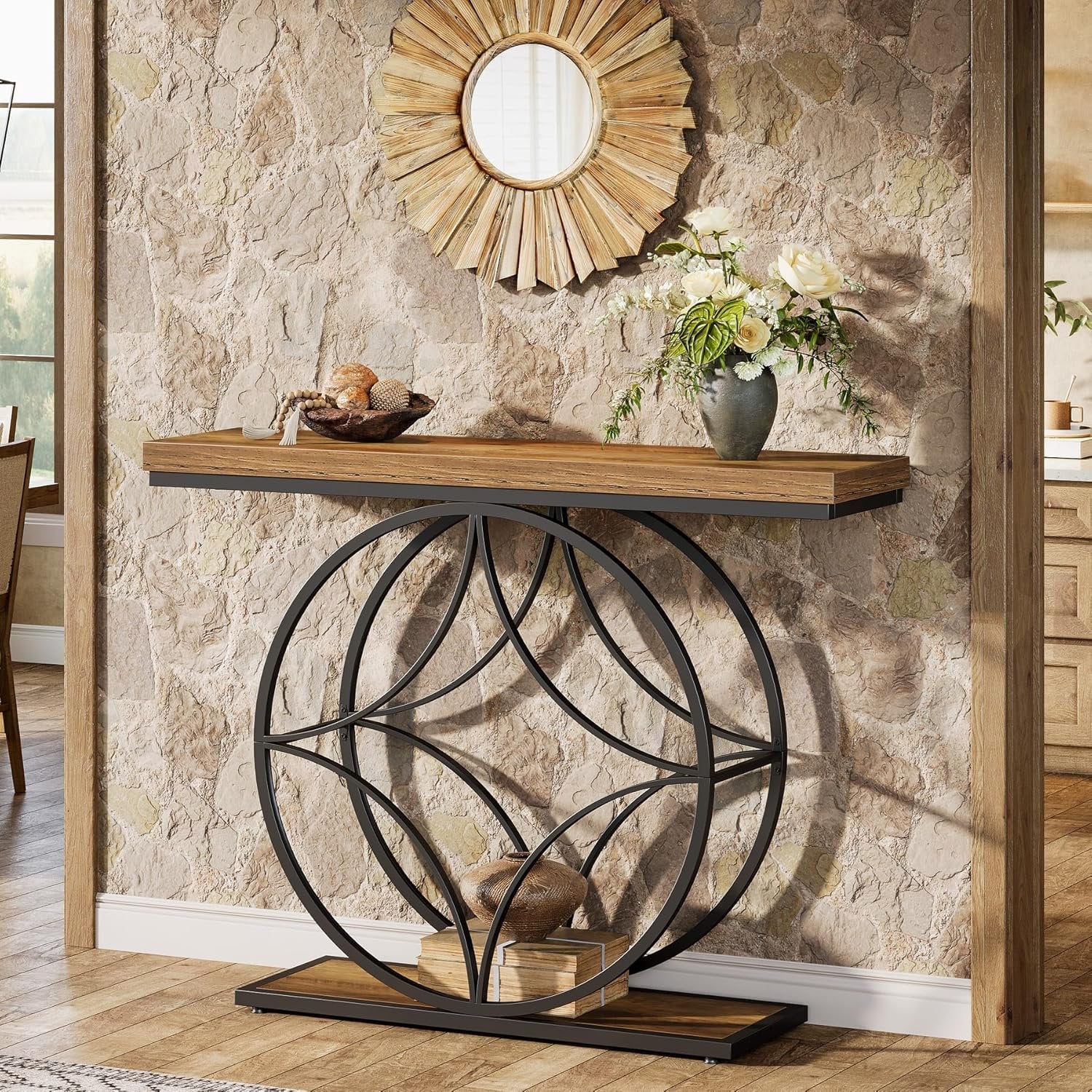 Tribesigns Table console industrielle à 2 niveaux de 120 cm avec cadre géométrique en métal