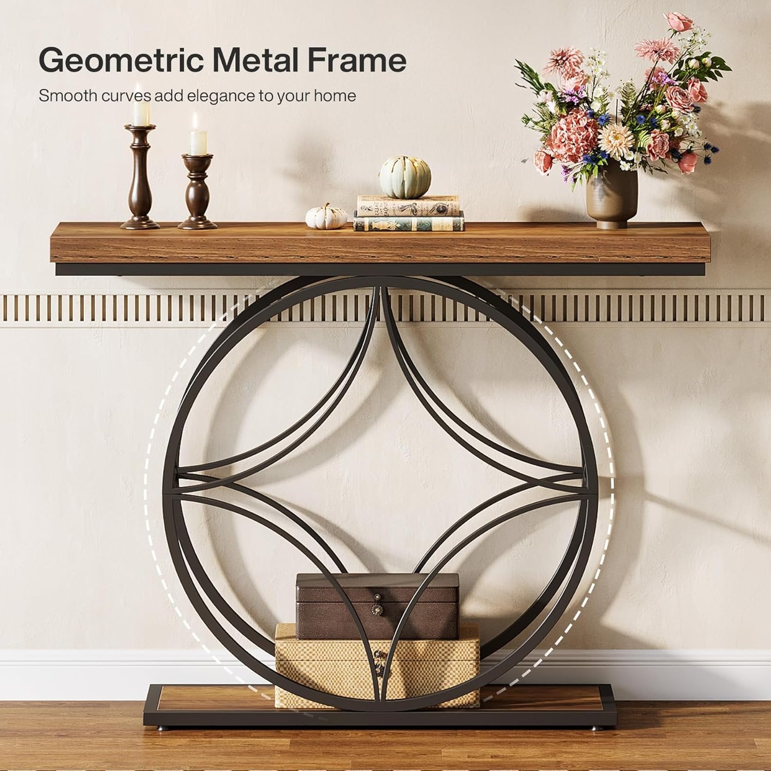 Tribesigns Table console industrielle à 2 niveaux de 120 cm avec cadre géométrique en métal