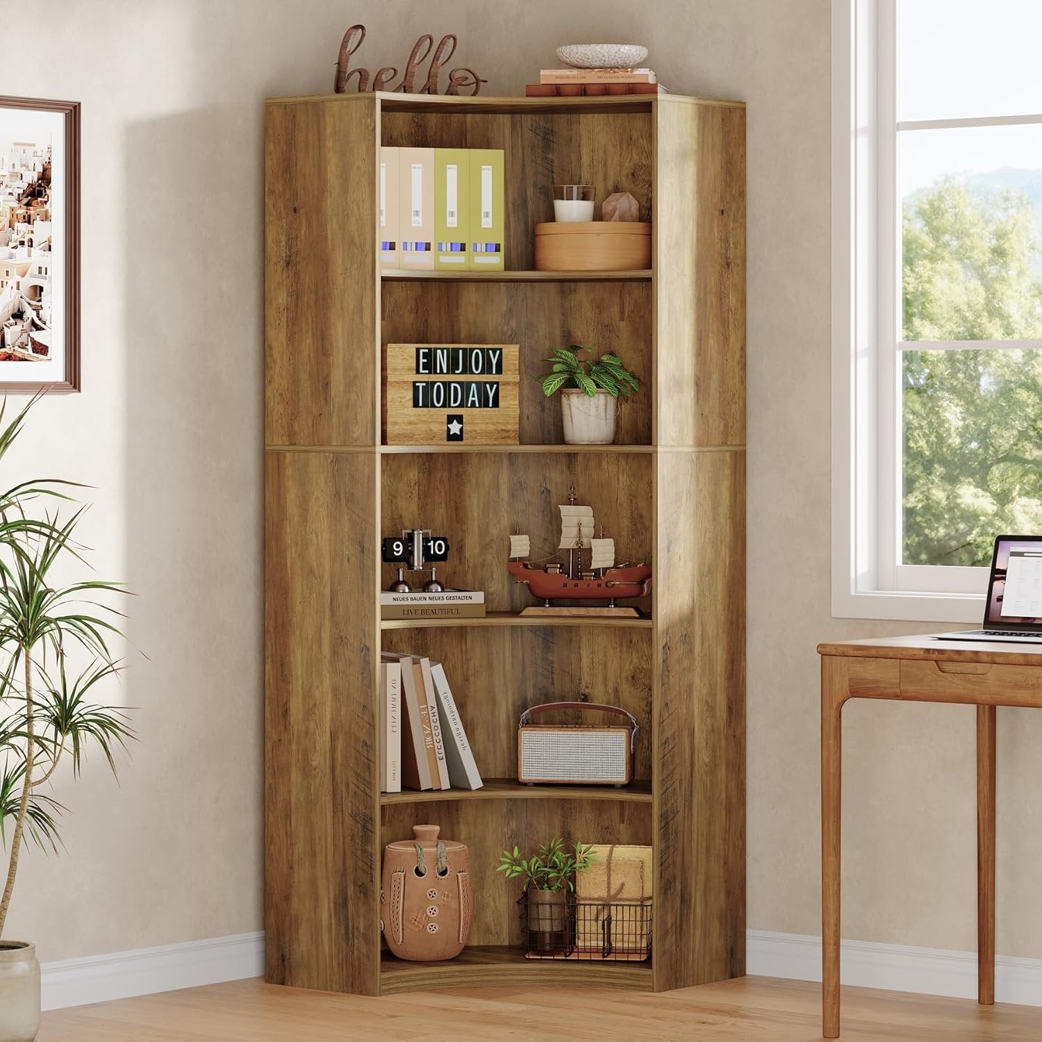 Tribesigns Étagère d'angle à 6 niveaux, Bibliothèque de 180 cm de haut avec coins arrondis