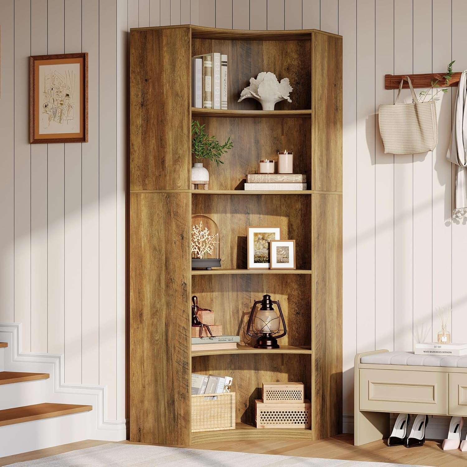 Tribesigns Étagère d'angle à 6 niveaux, Bibliothèque de 180 cm de haut avec coins arrondis