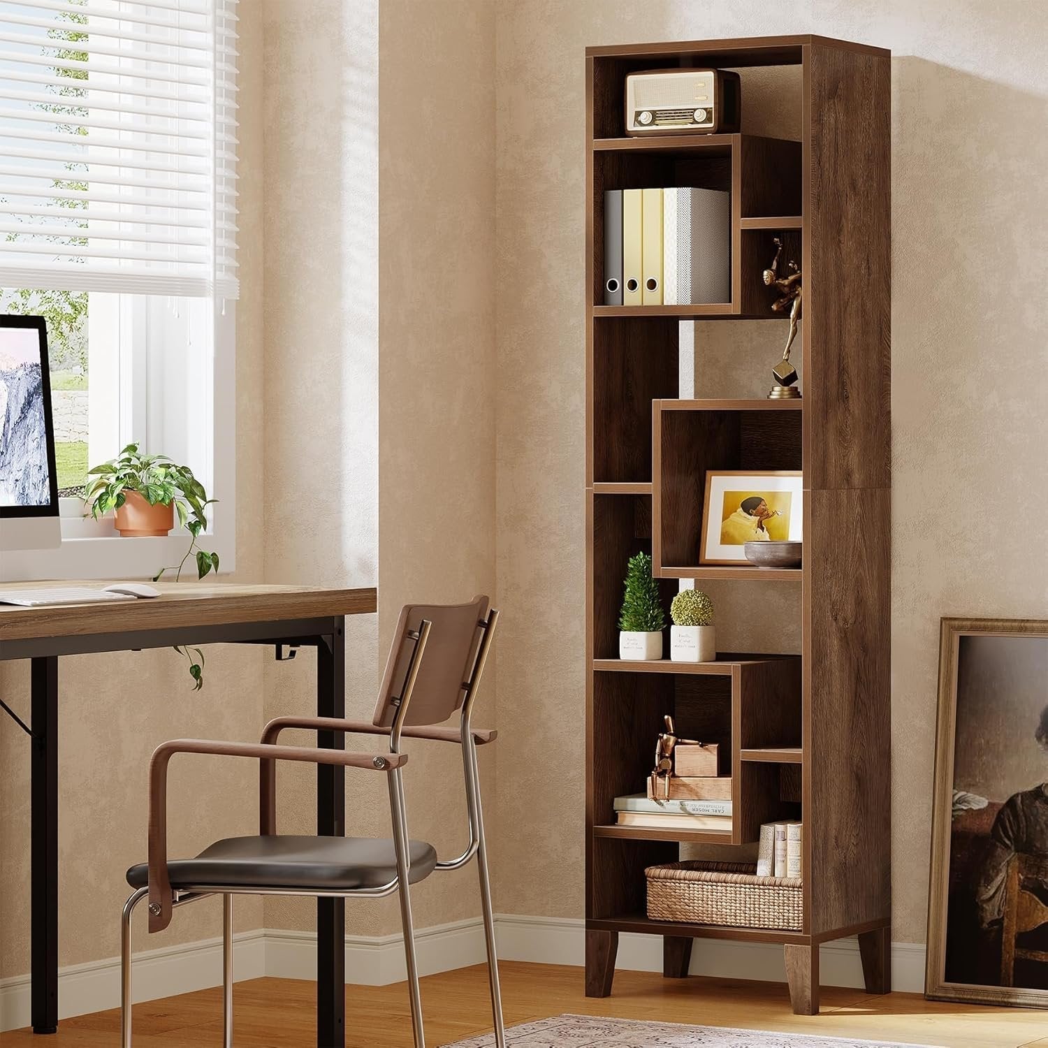 Tribesigns Étagère d'angle de 180 cm de haut, Étagère de rangement Bibliothèque décalée en bois