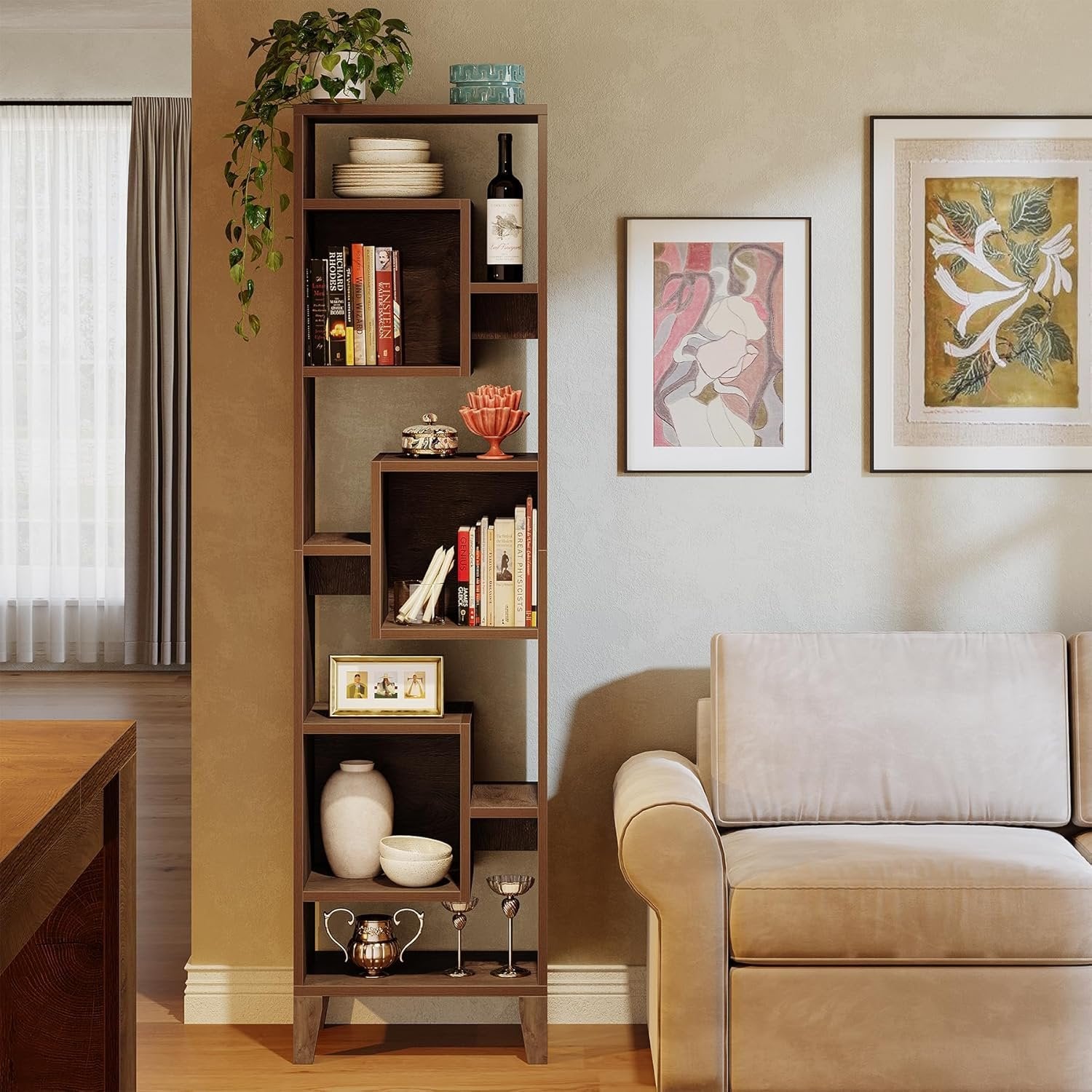 Tribesigns Étagère d'angle de 180 cm de haut, Étagère de rangement Bibliothèque décalée en bois