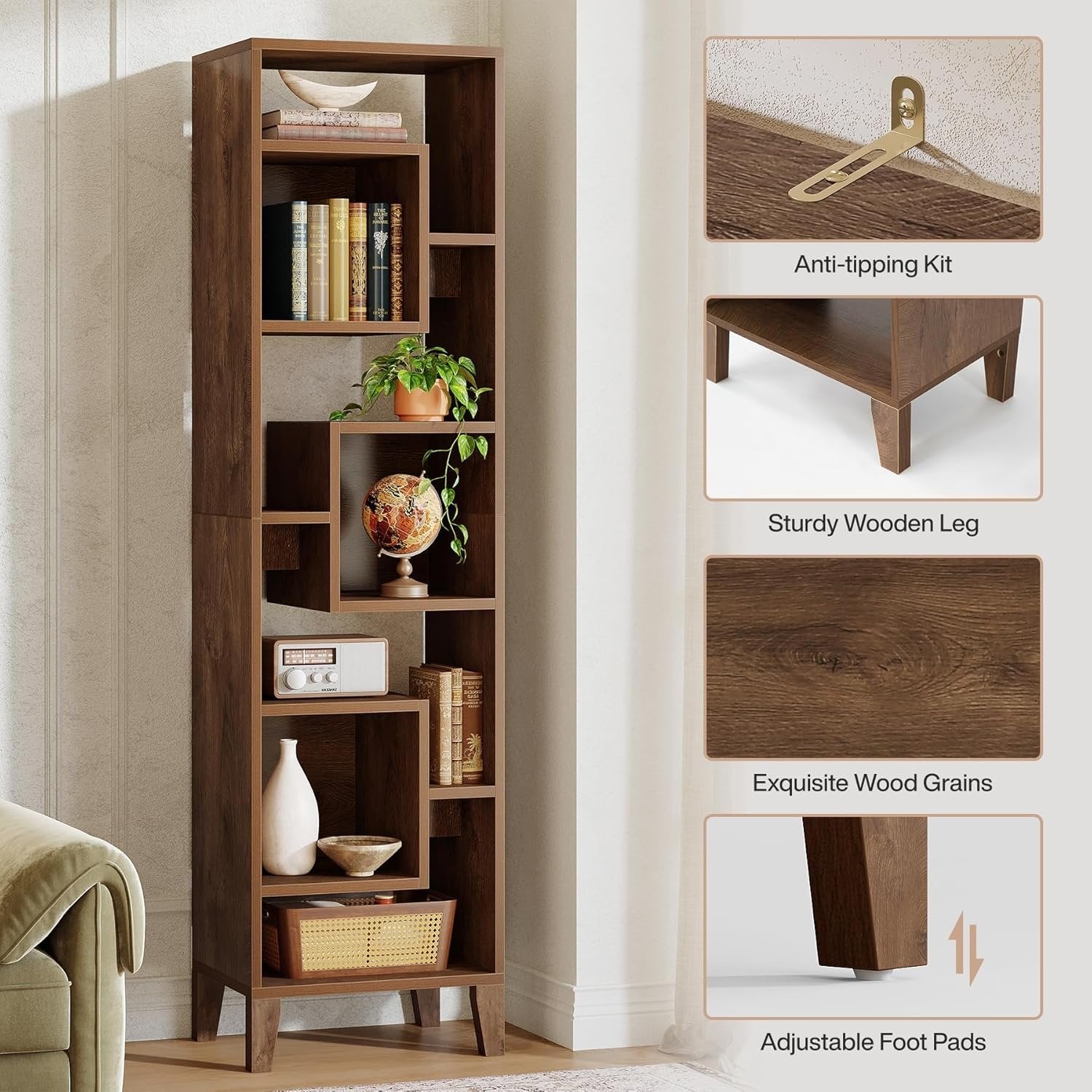 Tribesigns Étagère d'angle de 180 cm de haut, Étagère de rangement Bibliothèque décalée en bois