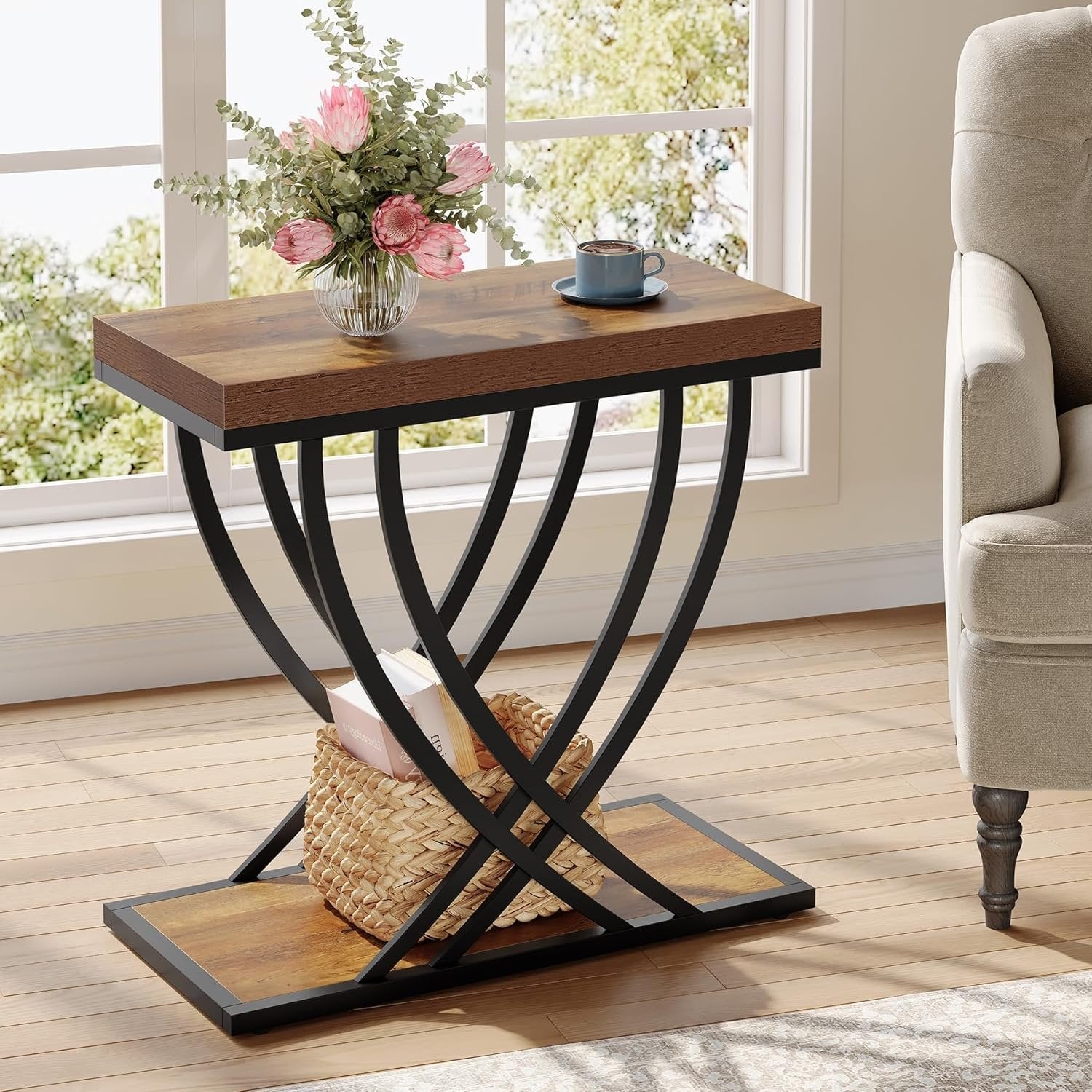 Tribesigns Ensemble de tables d'appoint de 60 cm, Table de chevet industrielle à 2 niveaux en marron rustique